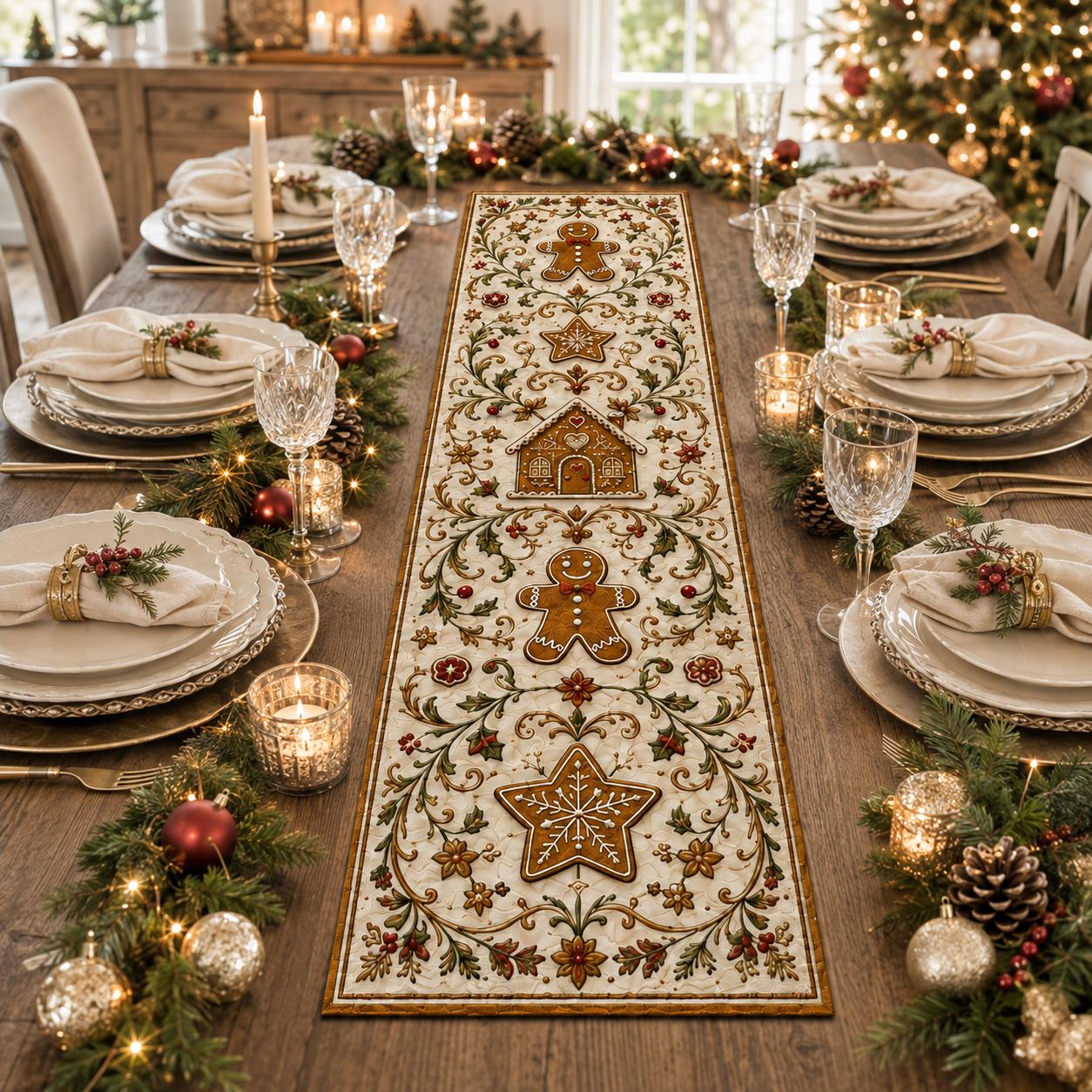 Christmas Nutcracker Gingerbread Table Runner with Quilt Style Xmas Star Holiday Design and Cardinal Decor