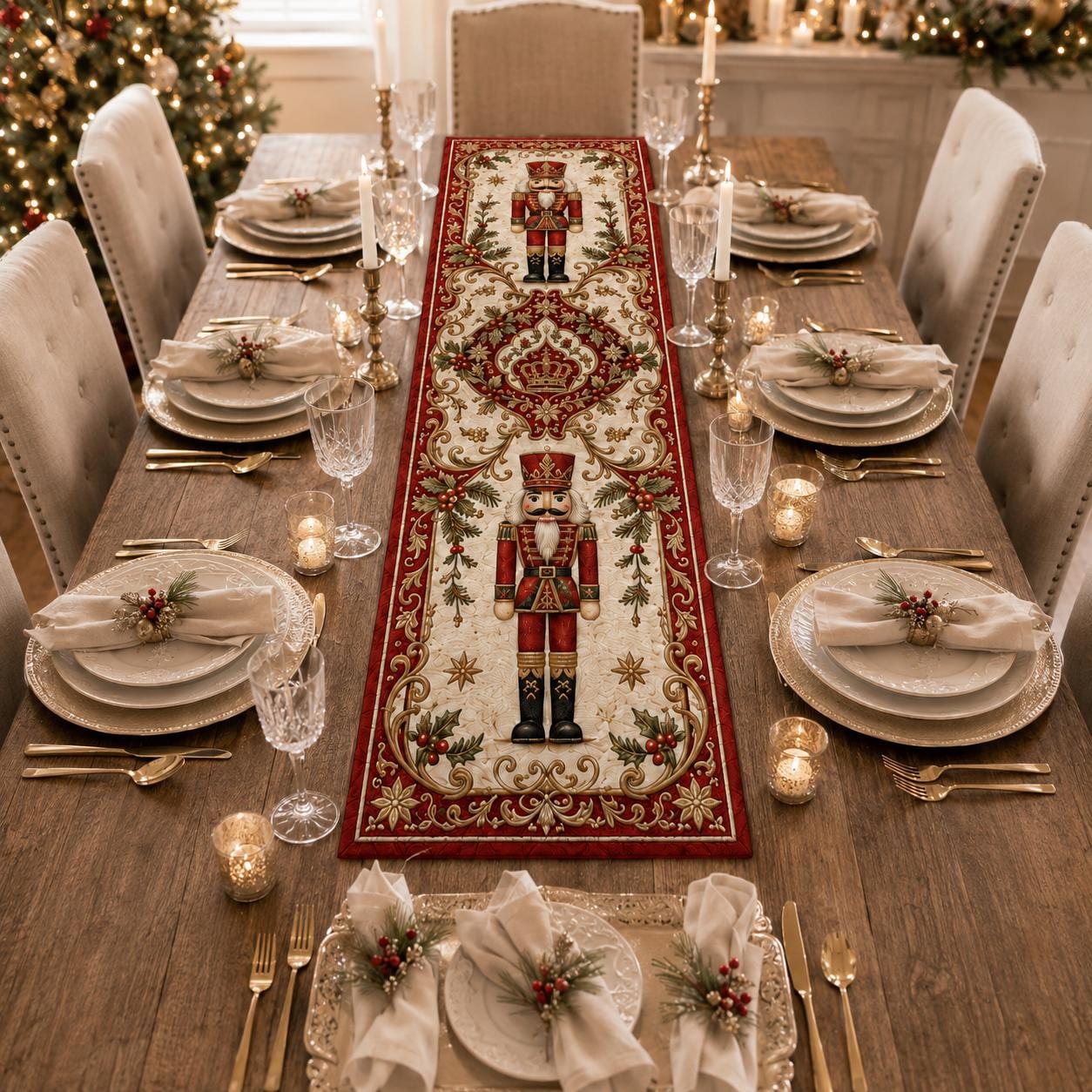 Christmas Nutcracker Gingerbread Table Runner with Quilt Style Xmas Star Holiday Design and Cardinal Decor - photo 4
