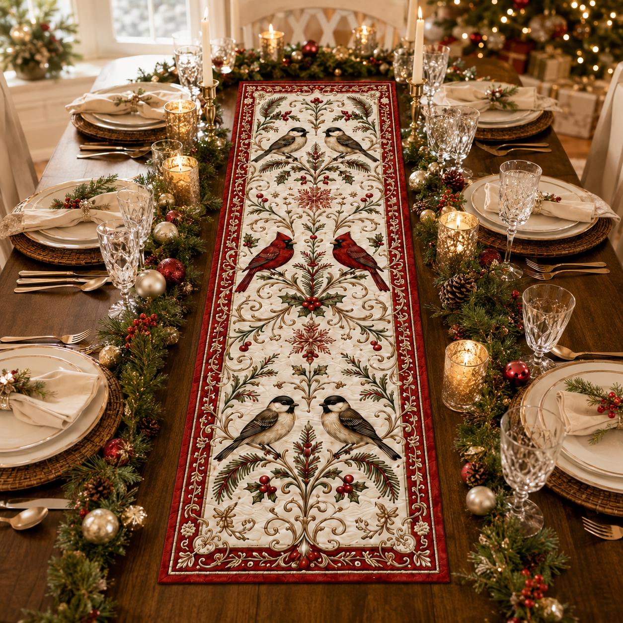 Christmas Nutcracker Gingerbread Table Runner with Quilt Style Xmas Star Holiday Design and Cardinal Decor - photo 5