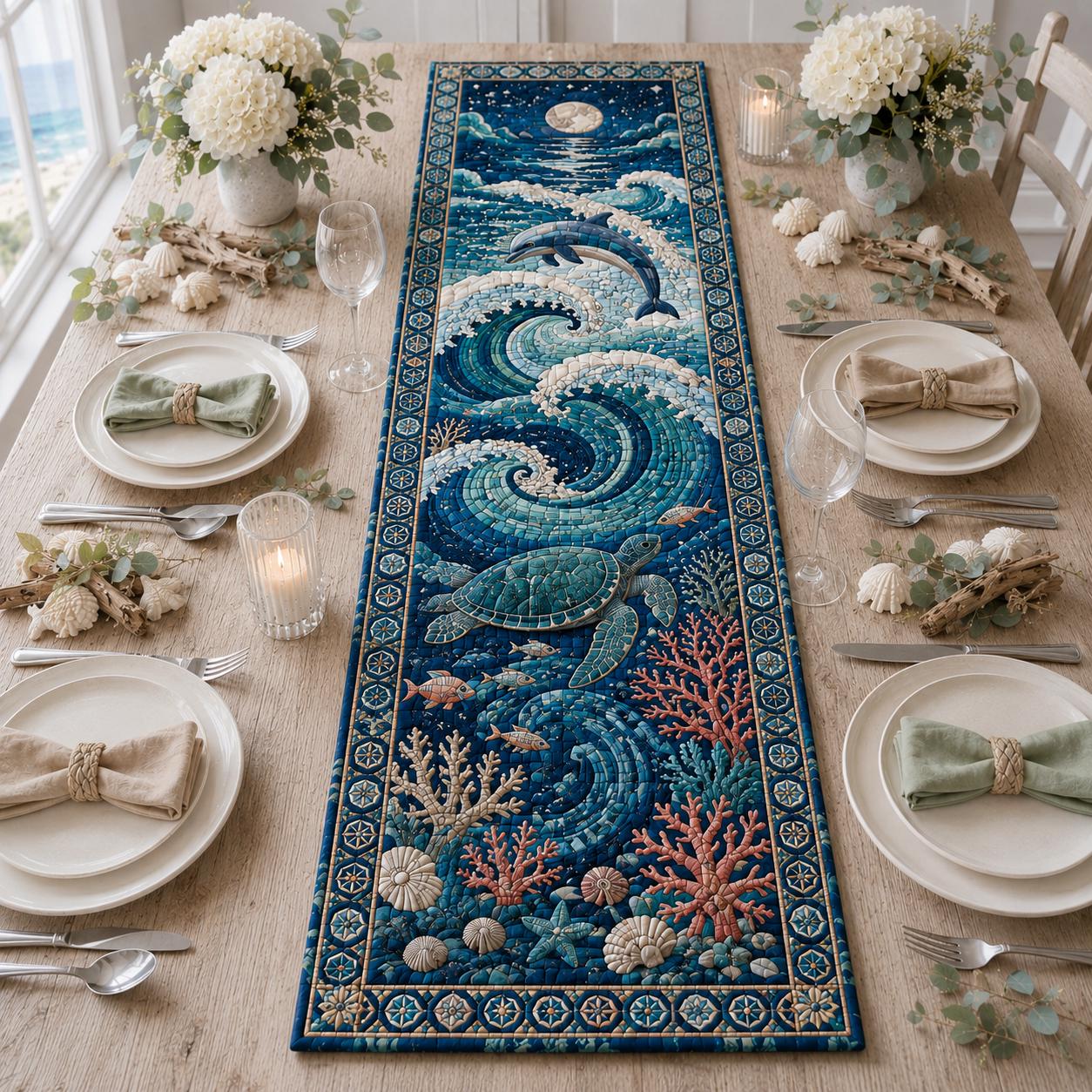 Table Runner Coastal Whale with Ocean Wave Decor and Quilt Style Beach House Decors for Nautical Dining Table Decor and Sea Life Centerpiece