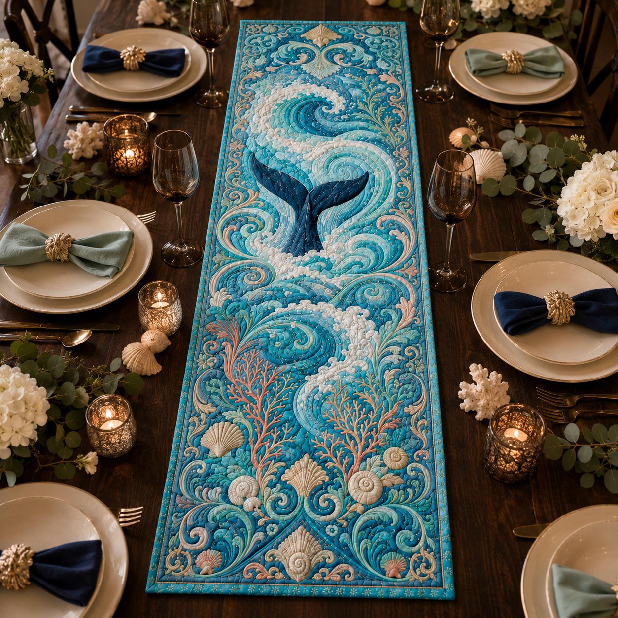Table Runner Coastal Whale with Ocean Wave Decor and Quilt Style Beach House Decors for Nautical Dining Table Decor and Sea Life Centerpiece - photo 4