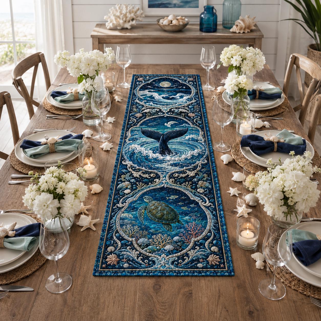 Table Runner Coastal Whale with Ocean Wave Decor and Quilt Style Beach House Decors for Nautical Dining Table Decor and Sea Life Centerpiece - photo 5