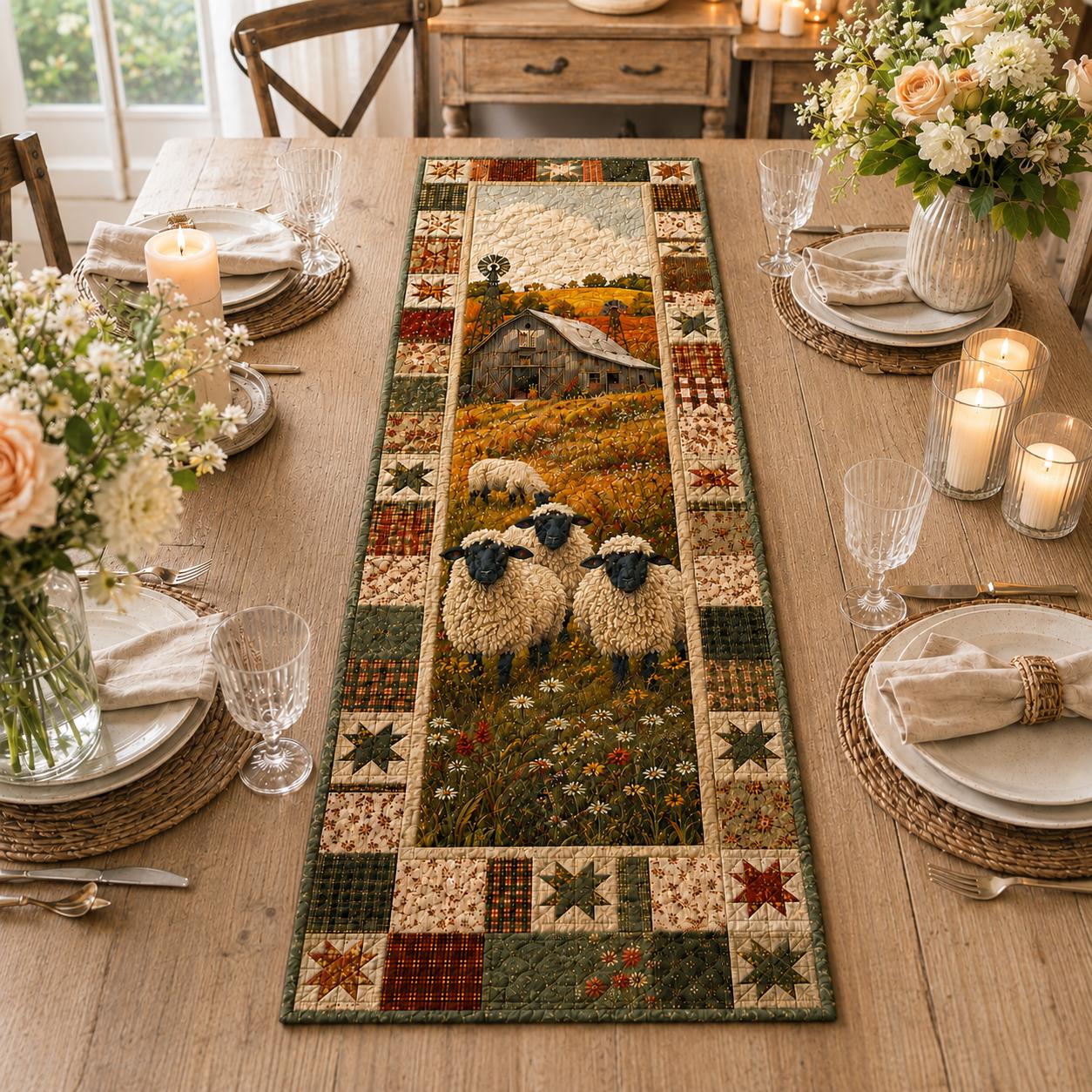 Table Runner Farmhouse Sheep with Rustic Barn Decor and Quilt Style Country Farm Decors for Cottagecore Dining Table Decor and Sheep Lover Gift
