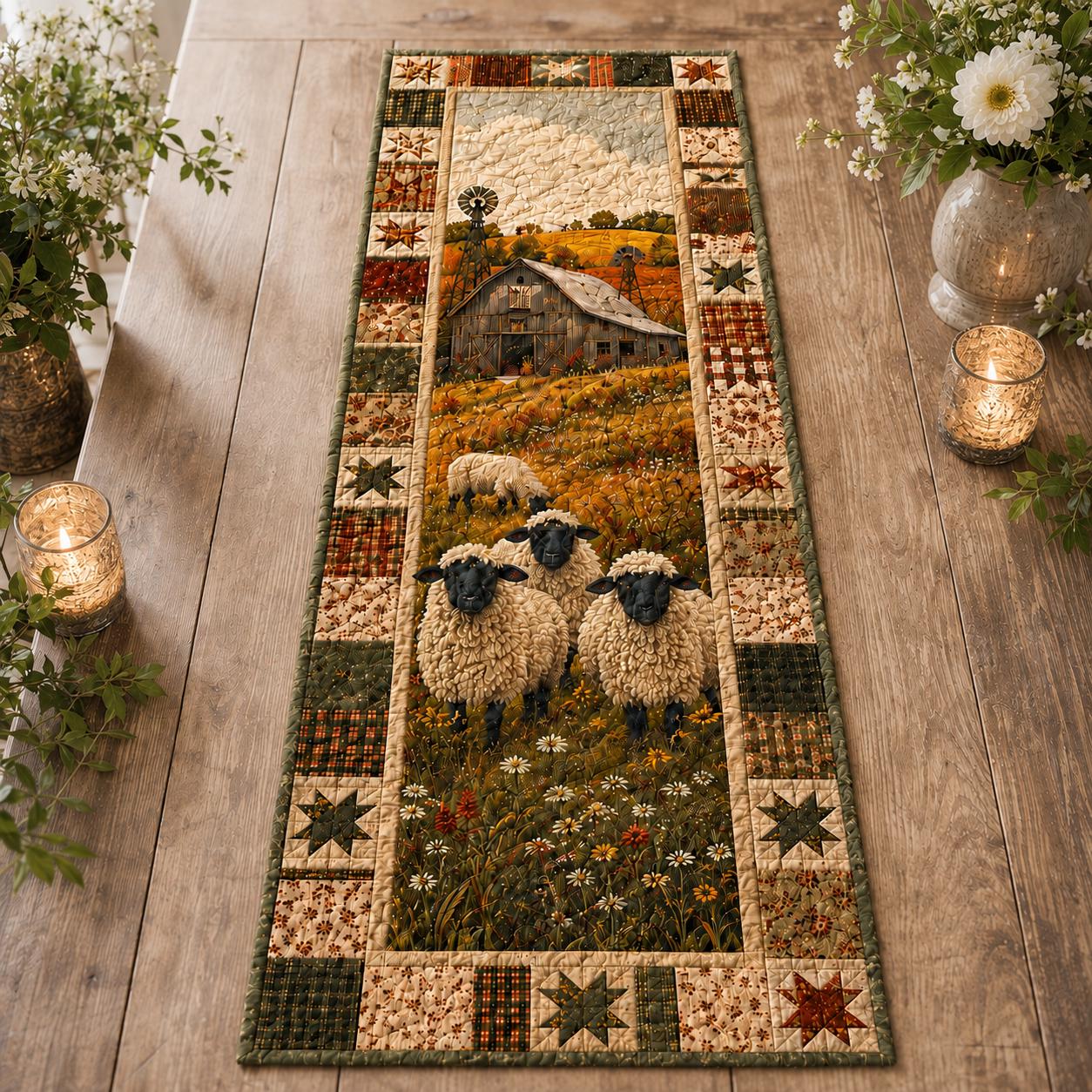 Table Runner Farmhouse Sheep with Rustic Barn Decor and Quilt Style Country Farm Decors for Cottagecore Dining Table Decor and Sheep Lover Gift - photo 2