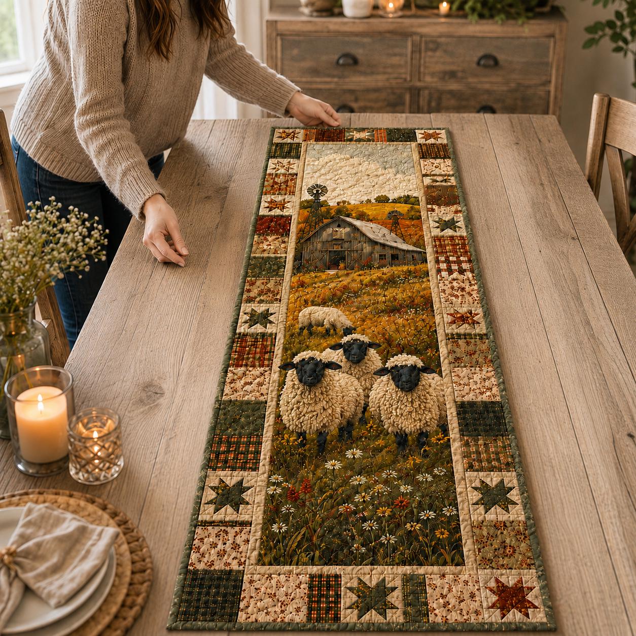 Table Runner Farmhouse Sheep with Rustic Barn Decor and Quilt Style Country Farm Decors for Cottagecore Dining Table Decor and Sheep Lover Gift - photo 4