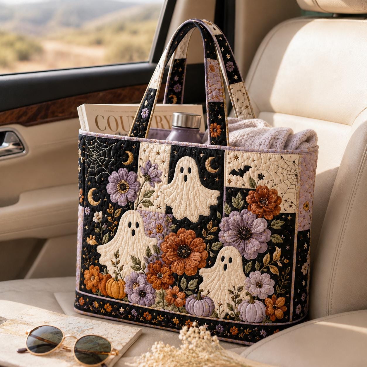 Tote Bag and Shoulder Carryall with Halloween Ghost Pumpkin Floral Cotton Design and Spooky Cottagecore Patchwork Quilted Style Fall Gift For Her