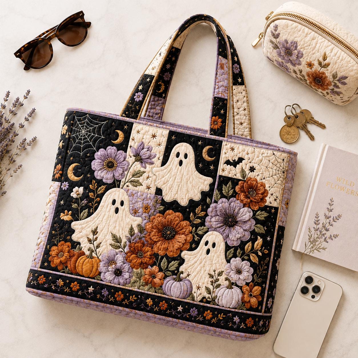 Tote Bag and Shoulder Carryall with Halloween Ghost Pumpkin Floral Cotton Design and Spooky Cottagecore Patchwork Quilted Style Fall Gift For Her - photo 2