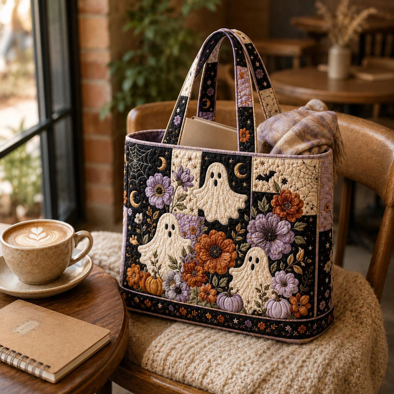 Tote Bag and Shoulder Carryall with Halloween Ghost Pumpkin Floral Cotton Design and Spooky Cottagecore Patchwork Quilted Style Fall Gift For Her - photo 4