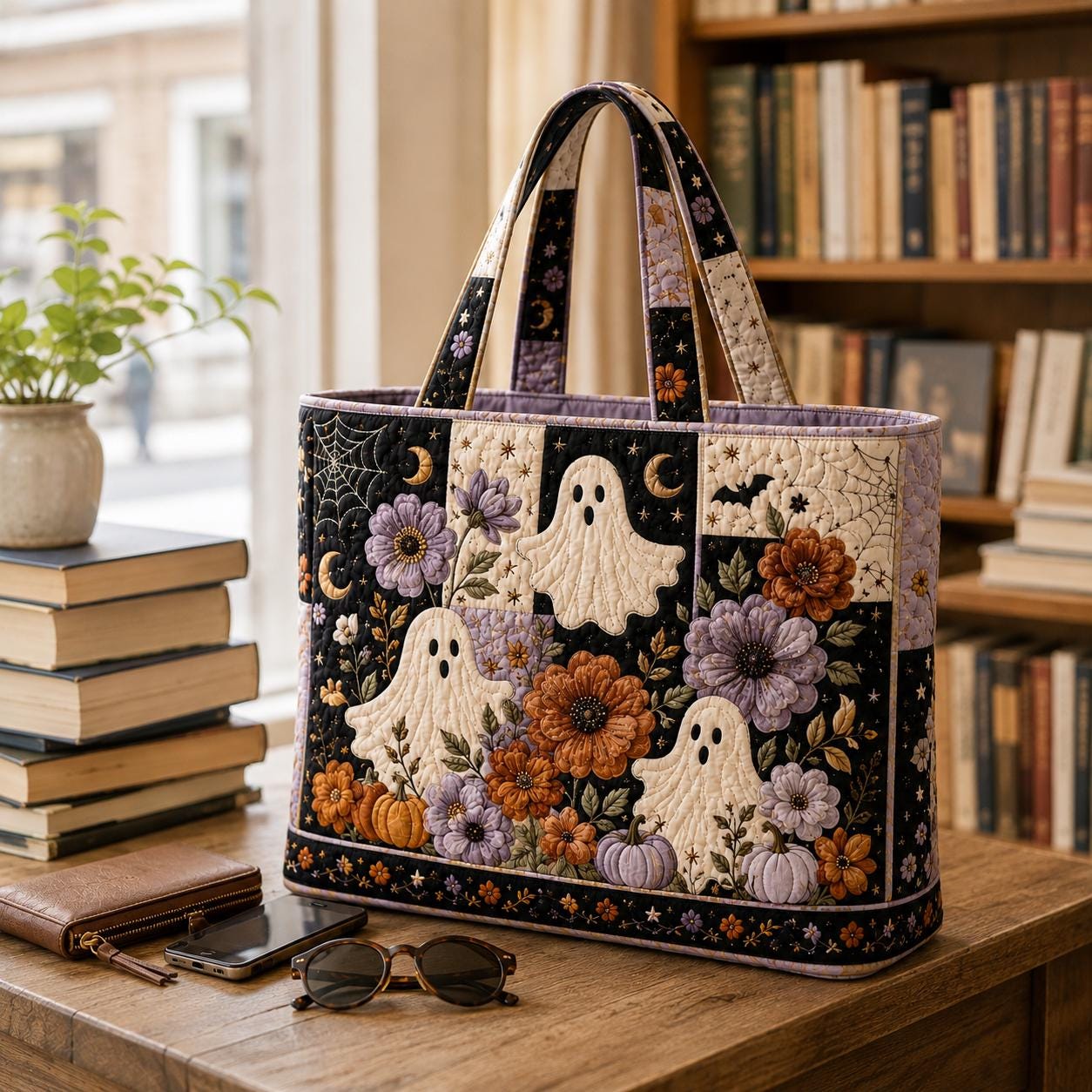 Tote Bag and Shoulder Carryall with Halloween Ghost Pumpkin Floral Cotton Design and Spooky Cottagecore Patchwork Quilted Style Fall Gift For Her - photo 5