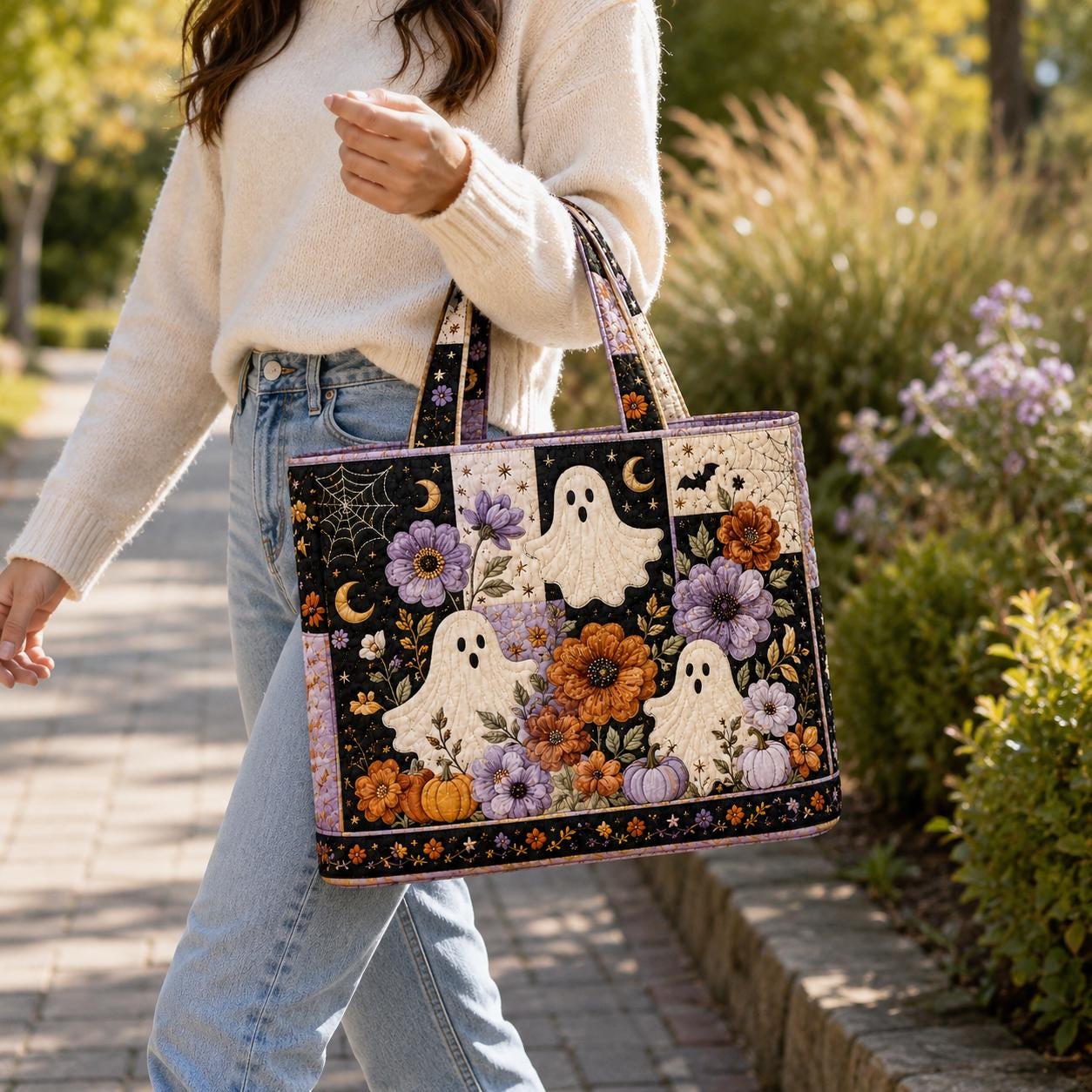 Tote Bag and Shoulder Carryall with Halloween Ghost Pumpkin Floral Cotton Design and Spooky Cottagecore Patchwork Quilted Style Fall Gift For Her - photo 6