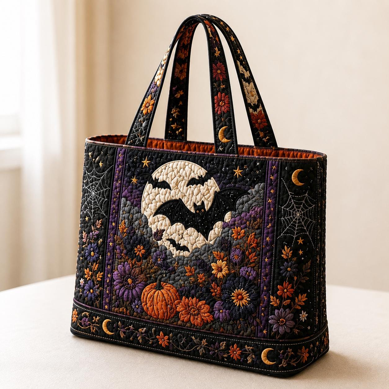 Tote Bag and Shoulder Carryall with Halloween Bat Moon Pumpkin Floral Cotton Design and Spooky Cottagecore Patchwork Quilted Style Fall Gift For Her