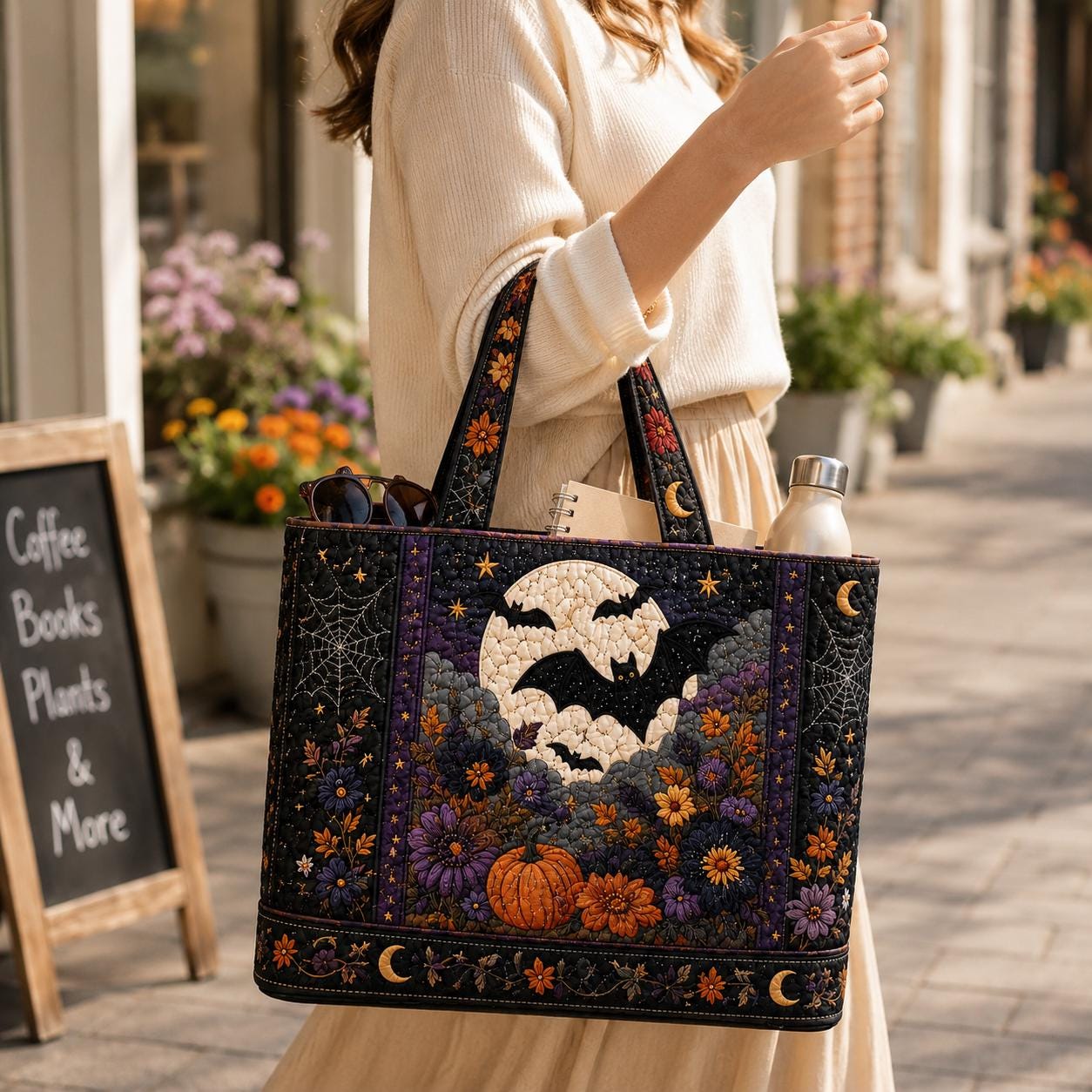Tote Bag and Shoulder Carryall with Halloween Bat Moon Pumpkin Floral Cotton Design and Spooky Cottagecore Patchwork Quilted Style Fall Gift For Her - photo 2