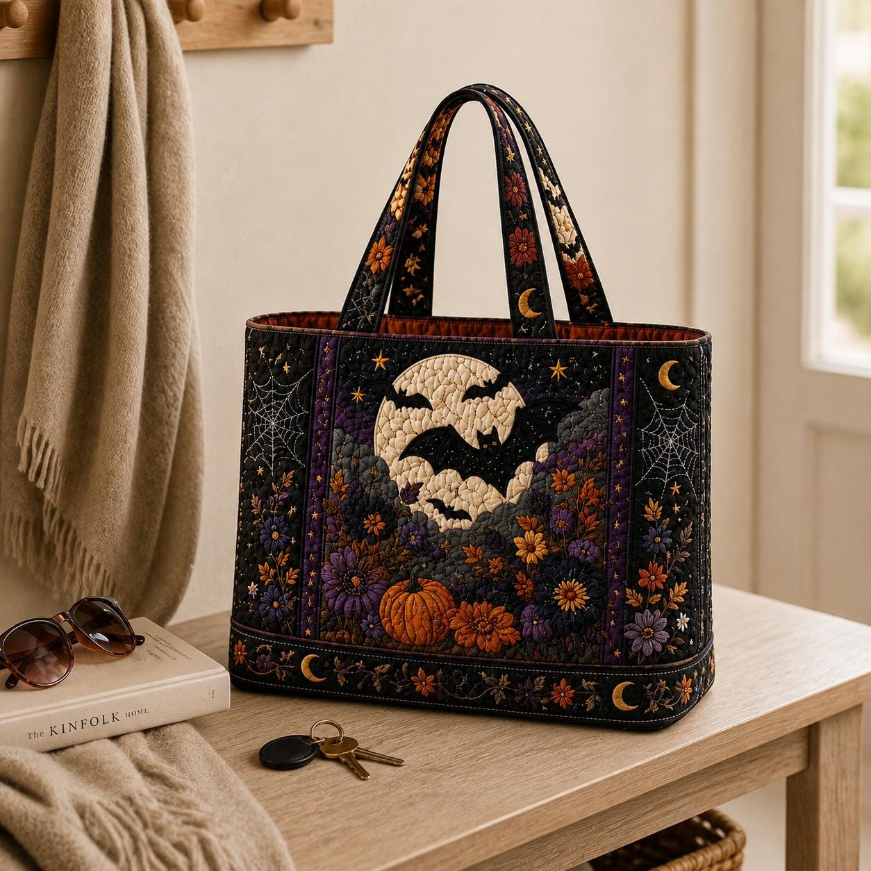 Tote Bag and Shoulder Carryall with Halloween Bat Moon Pumpkin Floral Cotton Design and Spooky Cottagecore Patchwork Quilted Style Fall Gift For Her - photo 4