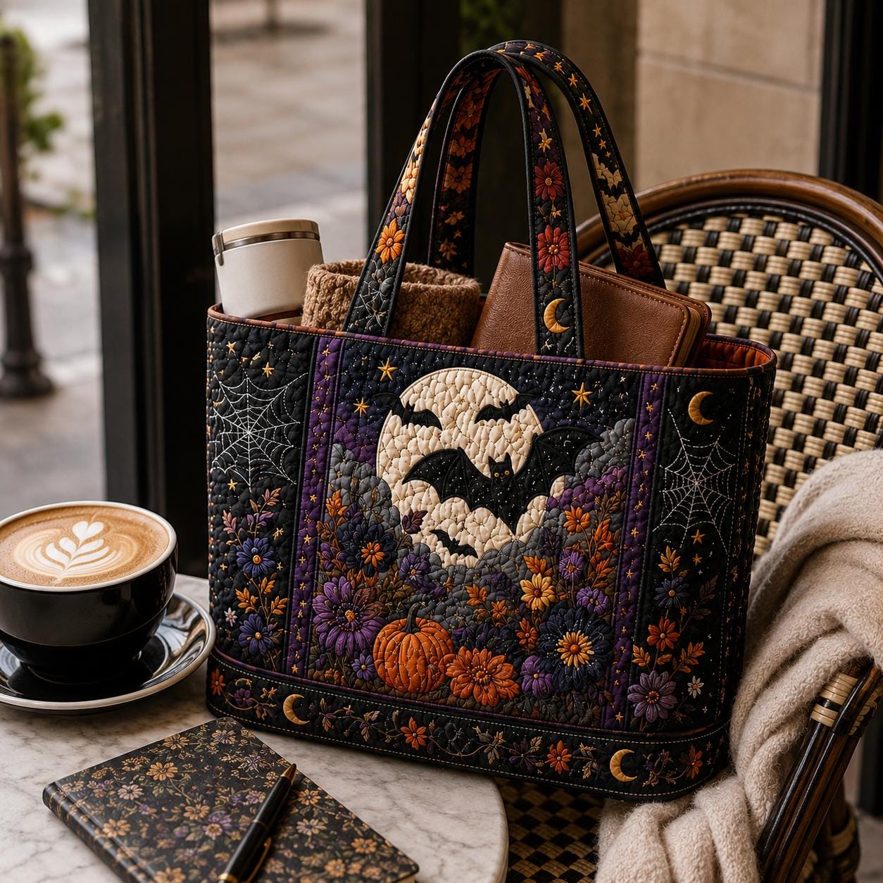 Tote Bag and Shoulder Carryall with Halloween Bat Moon Pumpkin Floral Cotton Design and Spooky Cottagecore Patchwork Quilted Style Fall Gift For Her - photo 5