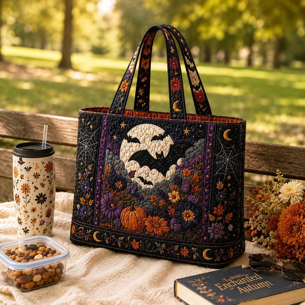 Tote Bag and Shoulder Carryall with Halloween Bat Moon Pumpkin Floral Cotton Design and Spooky Cottagecore Patchwork Quilted Style Fall Gift For Her - photo 6