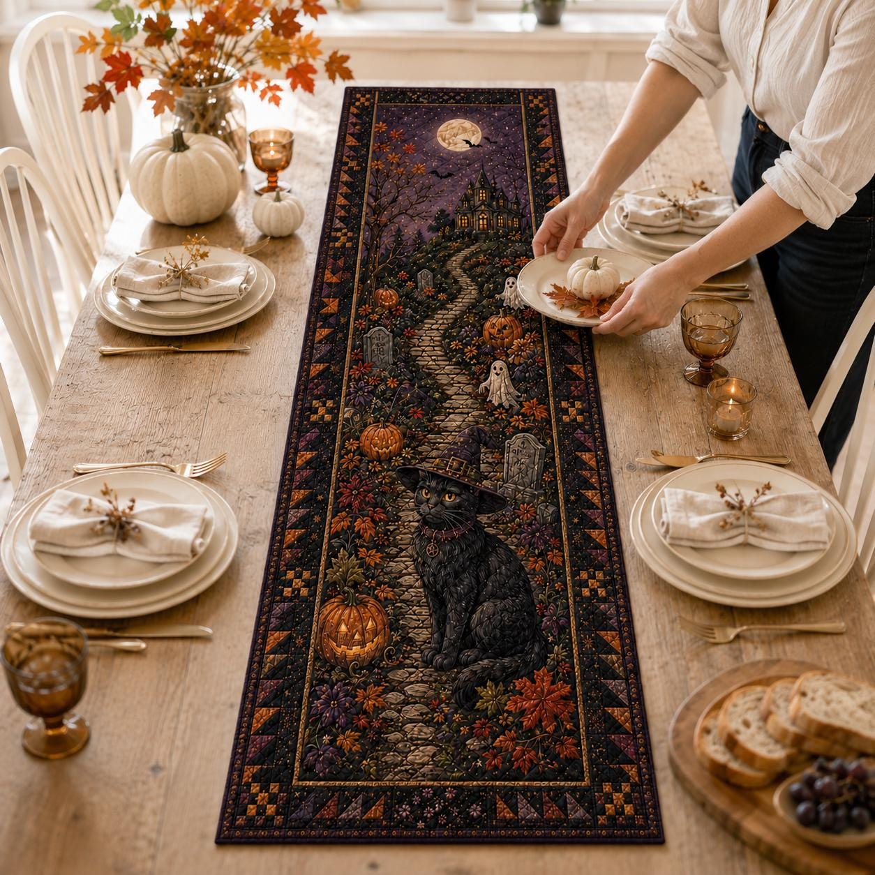 Halloween Black Cat Table Runner with Quilt Style for Haunted House Table Decor and Gothic Cat Lover Gift