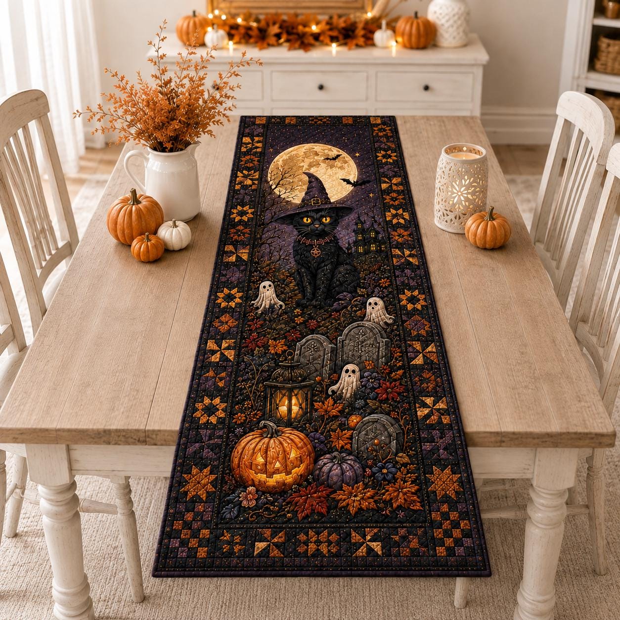 Halloween Black Cat Table Runner with Quilt Style for Haunted House Table Decor and Gothic Cat Lover Gift - photo 4
