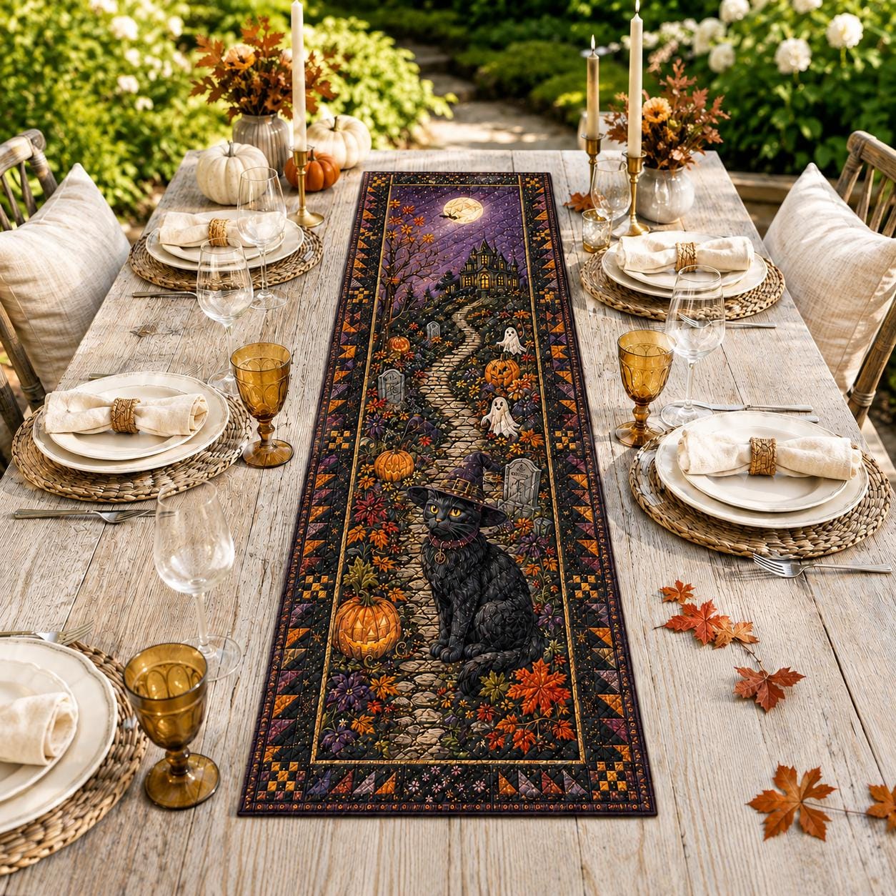 Halloween Black Cat Table Runner with Quilt Style for Haunted House Table Decor and Gothic Cat Lover Gift - photo 5