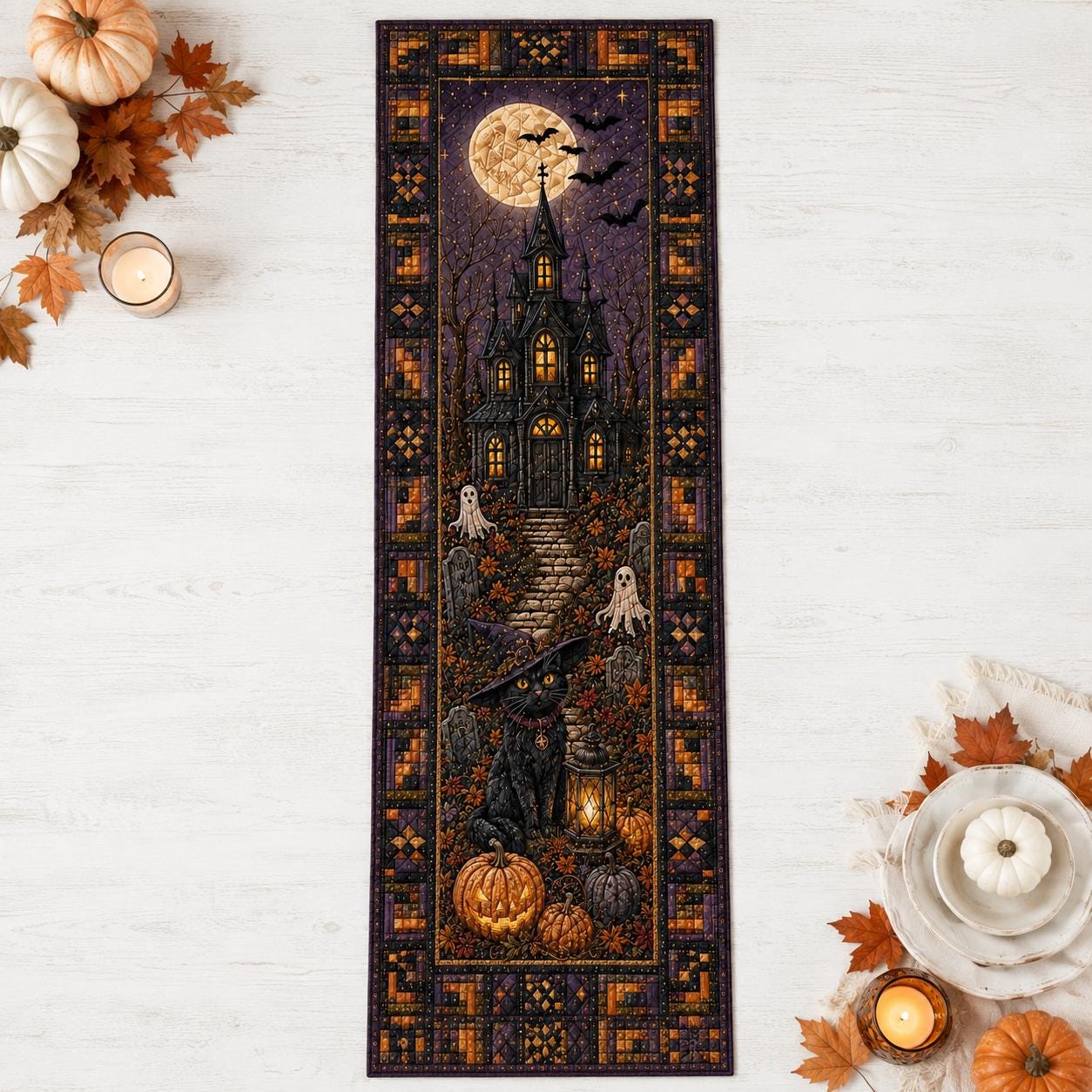 Halloween Black Cat Table Runner with Quilt Style for Haunted House Table Decor and Gothic Cat Lover Gift - photo 6