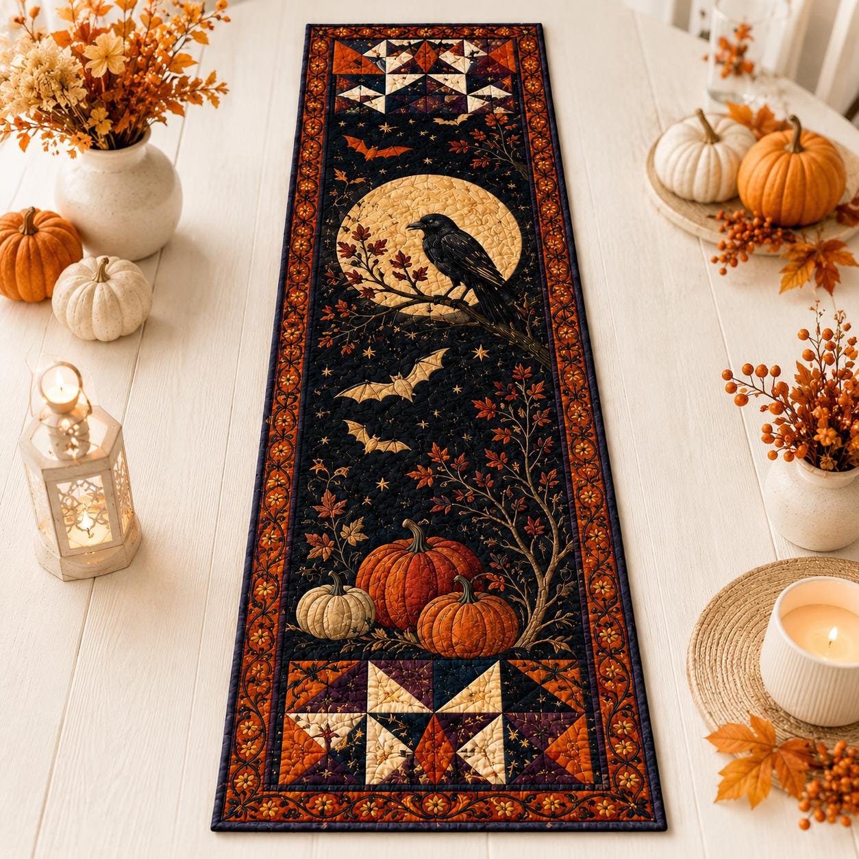 Halloween Crow Raven Moon Table Runner with Quilt Style for Pumpkin Gothic Table Decor and Dining Centerpiece