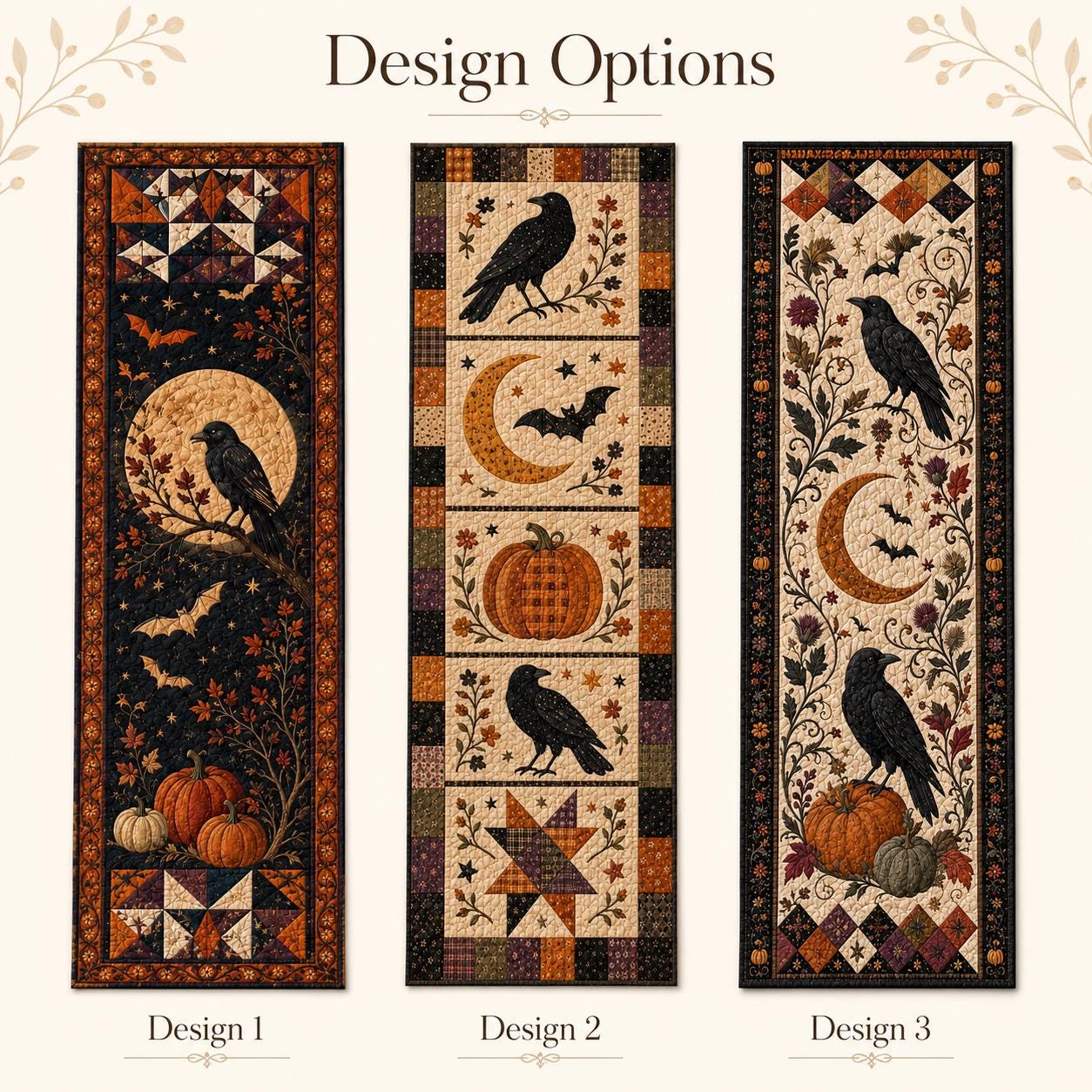 Halloween Crow Raven Moon Table Runner with Quilt Style for Pumpkin Gothic Table Decor and Dining Centerpiece - photo 2