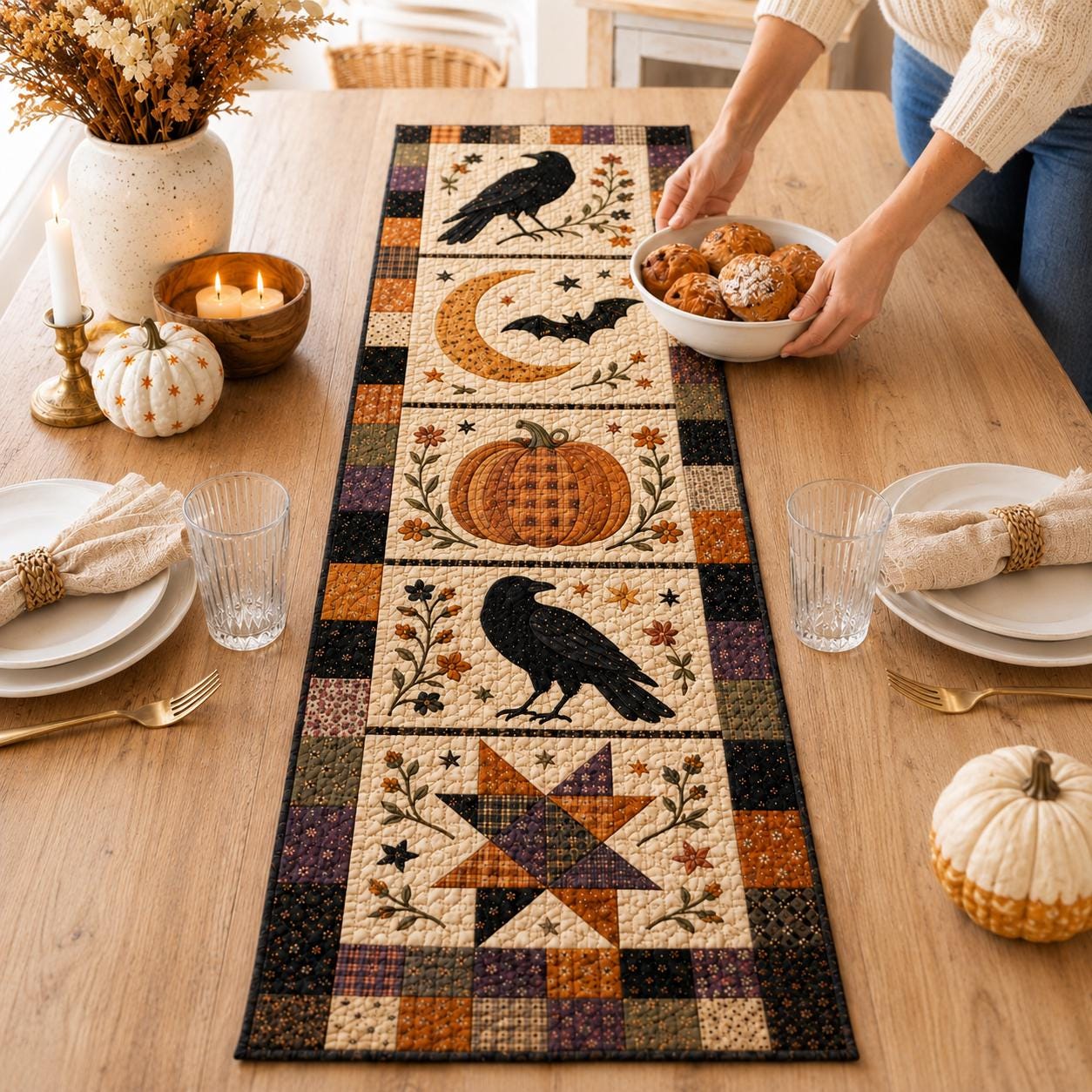 Halloween Crow Raven Moon Table Runner with Quilt Style for Pumpkin Gothic Table Decor and Dining Centerpiece - photo 4