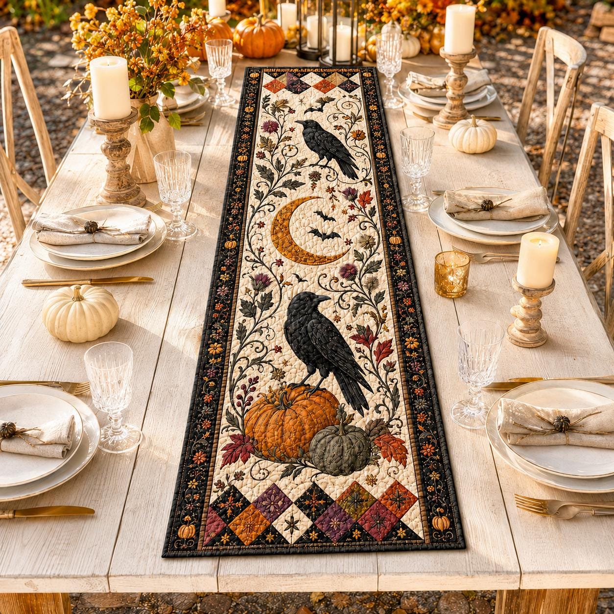 Halloween Crow Raven Moon Table Runner with Quilt Style for Pumpkin Gothic Table Decor and Dining Centerpiece - photo 5