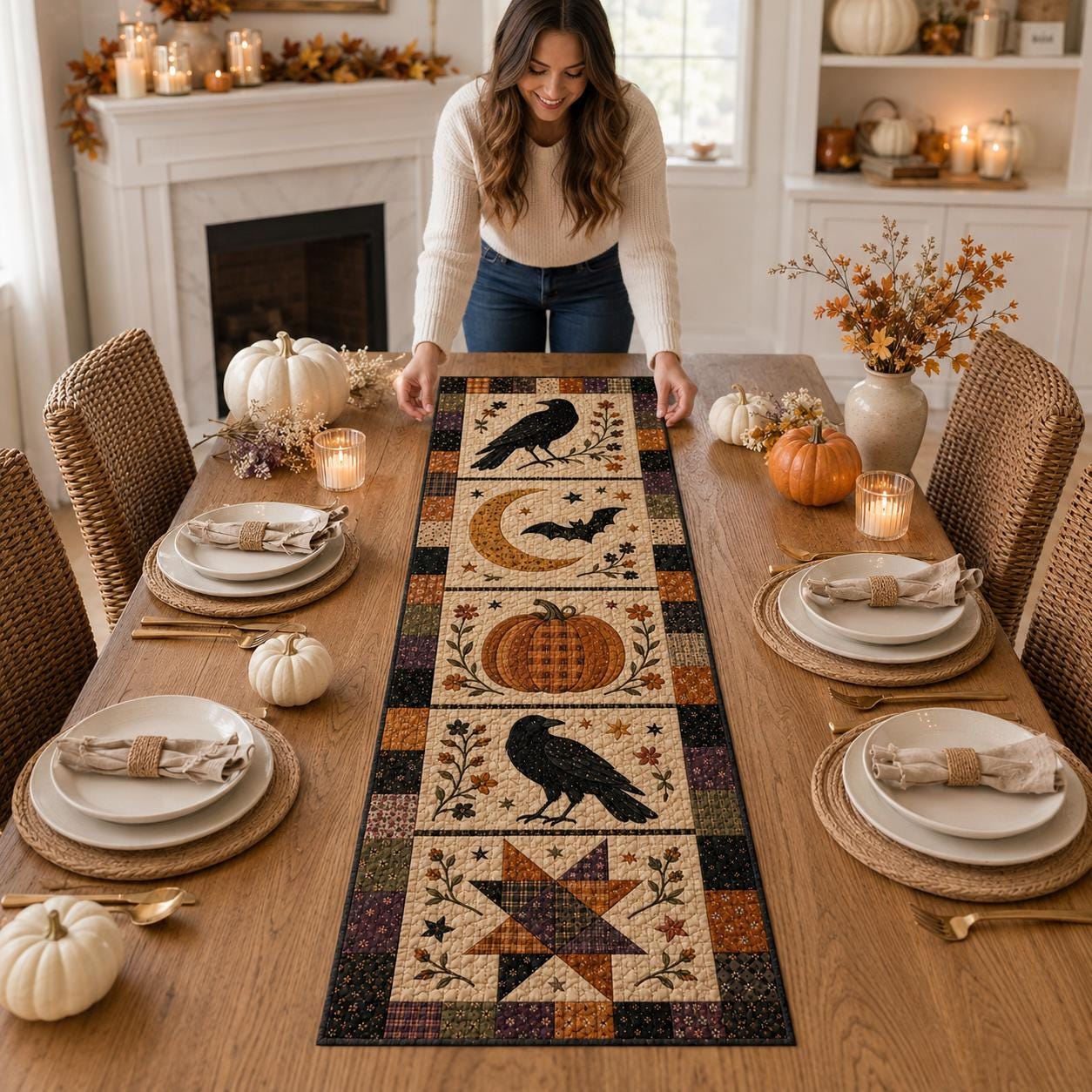 Halloween Crow Raven Moon Table Runner with Quilt Style for Pumpkin Gothic Table Decor and Dining Centerpiece - photo 6