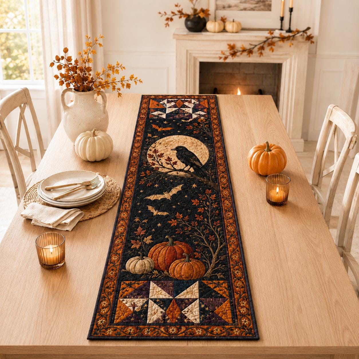 Halloween Crow Raven Moon Table Runner with Quilt Style for Pumpkin Gothic Table Decor and Dining Centerpiece - photo 7