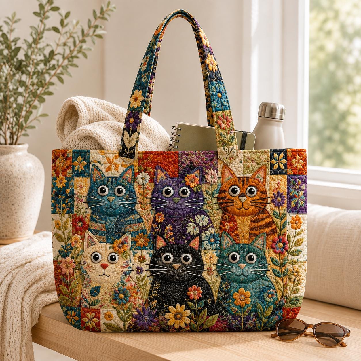 Cat Tote Bag with Quilted Style for Vintage Shoulder Bag Cottagecore Floral Purse Boho Market Tote Botanical Everyday Bag Gift for Her