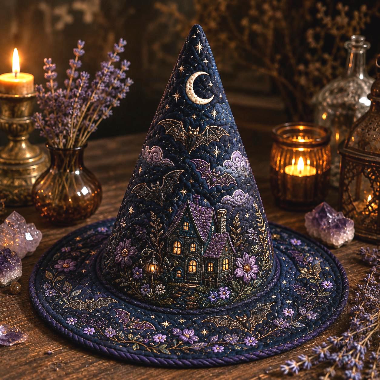 Haunted Cottage Witch Hat with Bat Moon Halloween Decor and Gothic Floral Spooky Tabletop Accent in Quilted Style