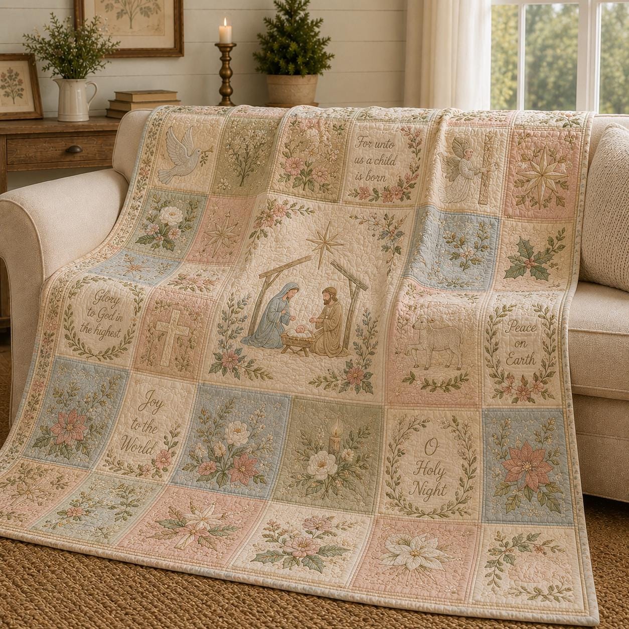 Nativity Christmas Blanket with Quilted Style for Christian Floral Throw O Holy Night Religious Decor and Pastel Holiday Gift