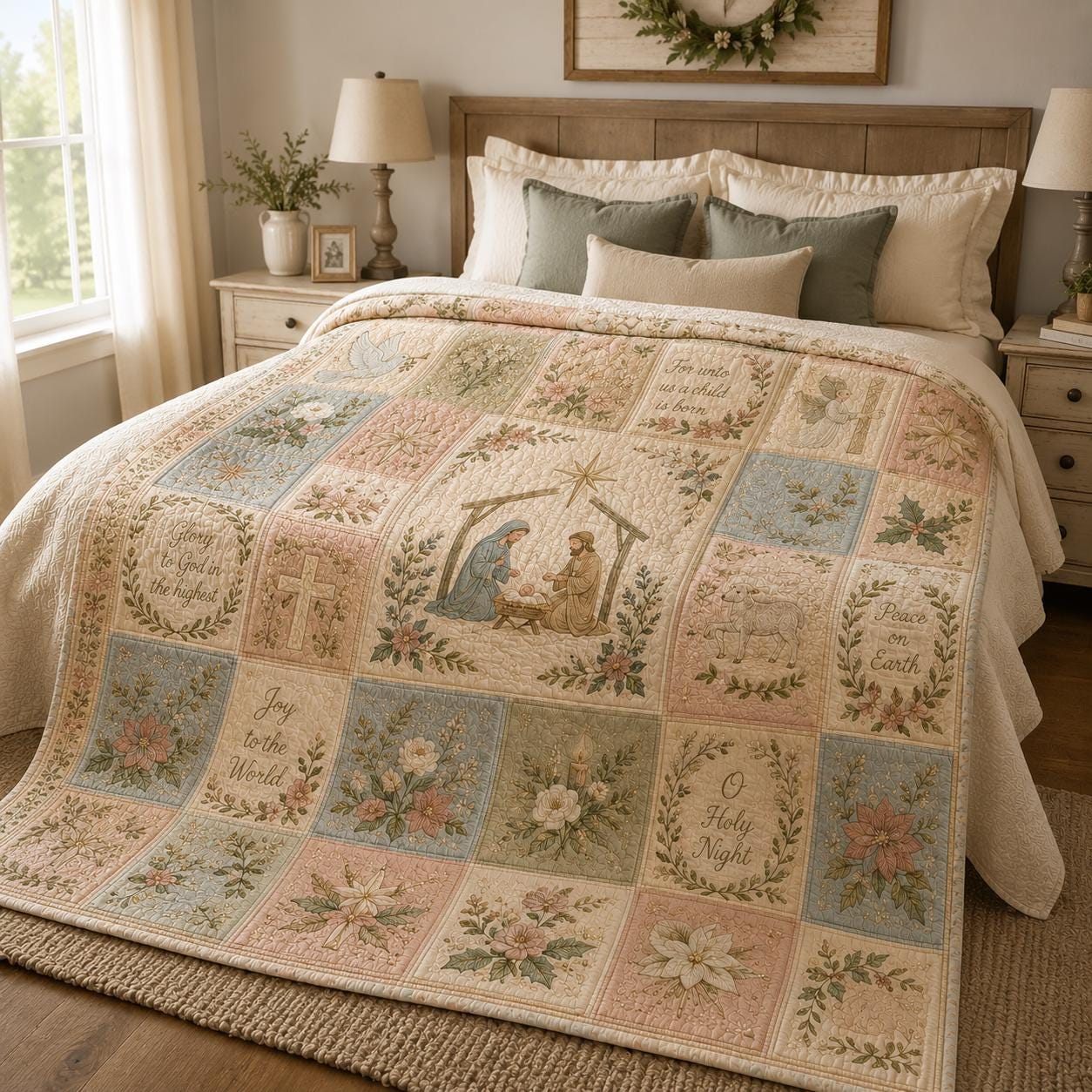 Nativity Christmas Blanket with Quilted Style for Christian Floral Throw O Holy Night Religious Decor and Pastel Holiday Gift - photo 3