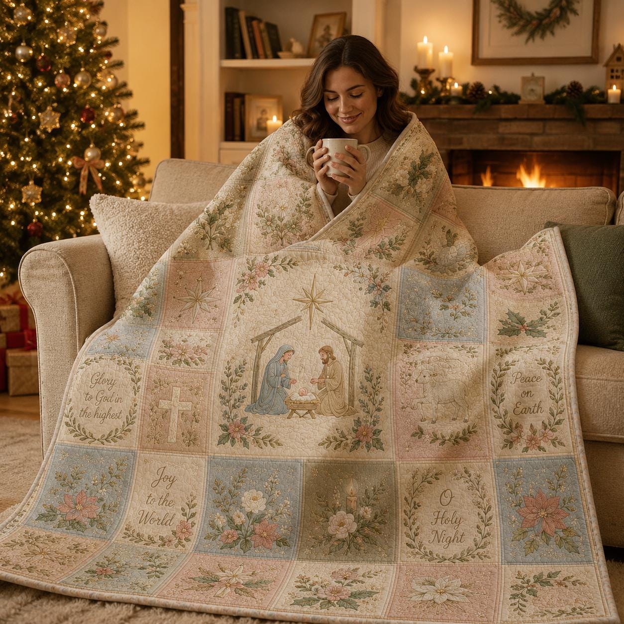 Nativity Christmas Blanket with Quilted Style for Christian Floral Throw O Holy Night Religious Decor and Pastel Holiday Gift - photo 4