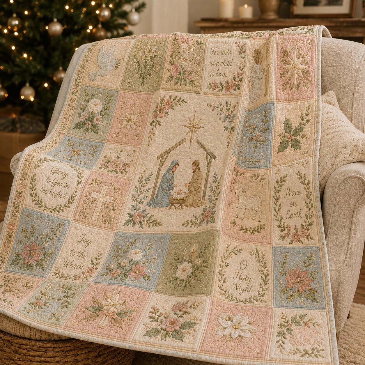 Nativity Christmas Blanket with Quilted Style for Christian Floral Throw O Holy Night Religious Decor and Pastel Holiday Gift - photo 6