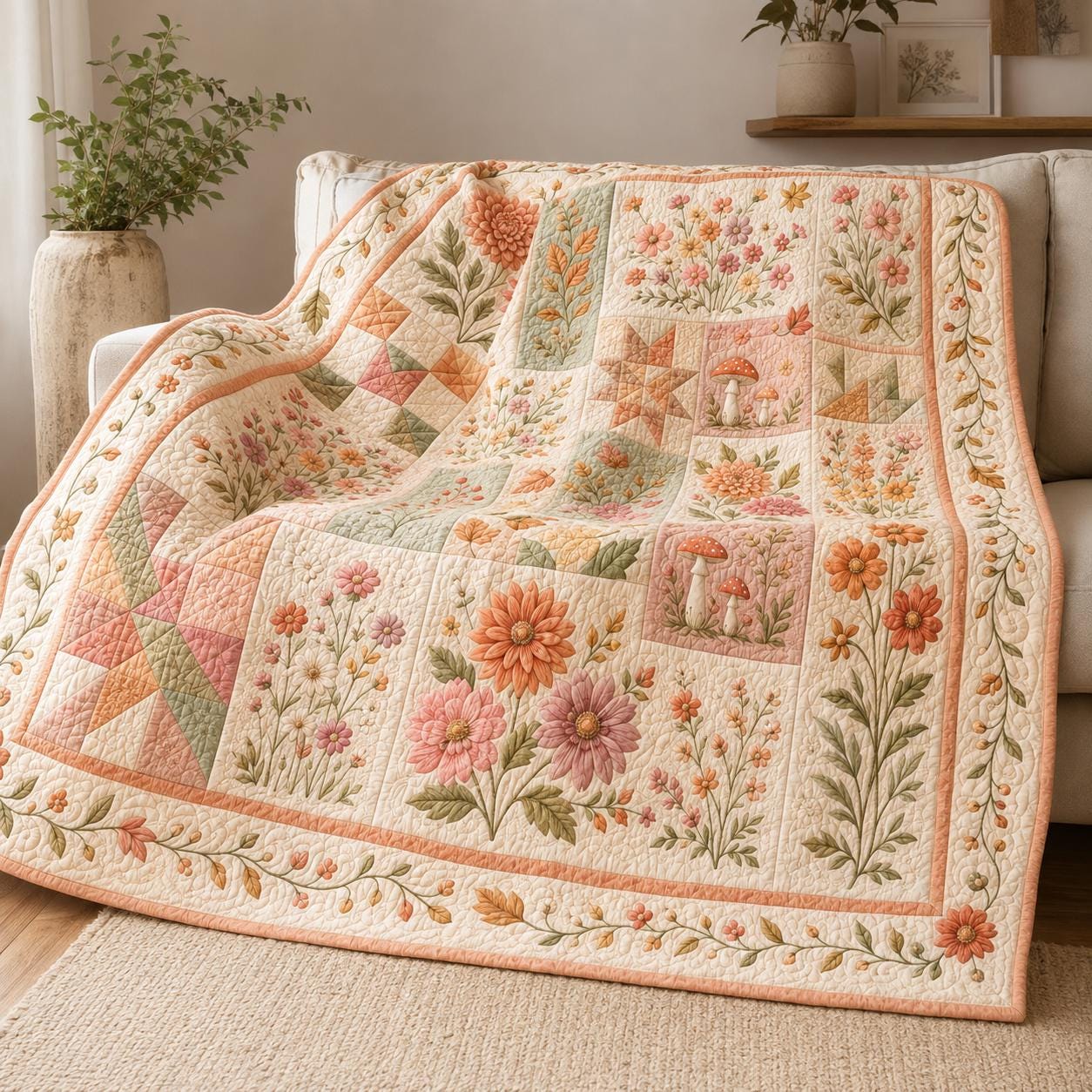 Fall Floral Blanket with Quilted Style for Autumn Wildflower Throw Dahlia Mushroom Cottagecore Decor and Cozy Thanksgiving Gift For Her
