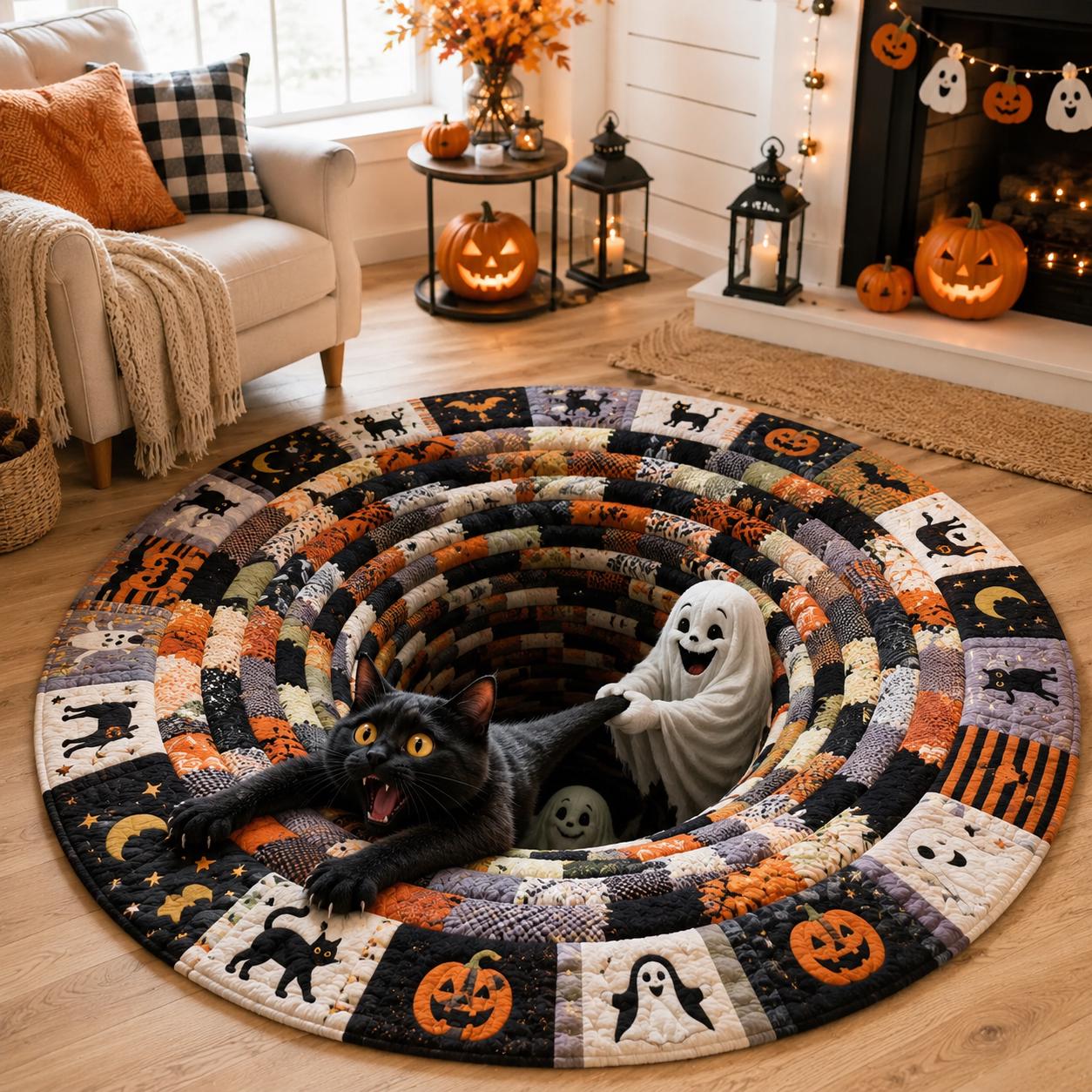 Halloween Round Rug with Black Cat Ghost 3D Illusion Quilted Spooky Hole Floor Mat and Funny Pumpkin Home Decor