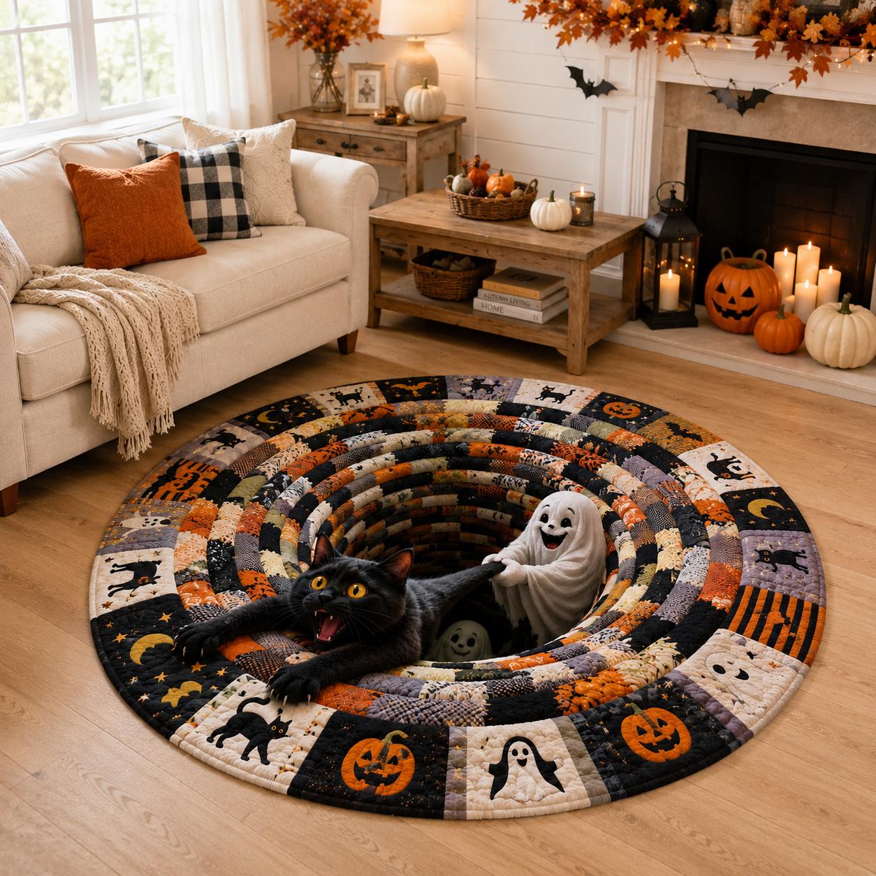 Halloween Round Rug with Black Cat Ghost 3D Illusion Quilted Spooky Hole Floor Mat and Funny Pumpkin Home Decor - photo 2