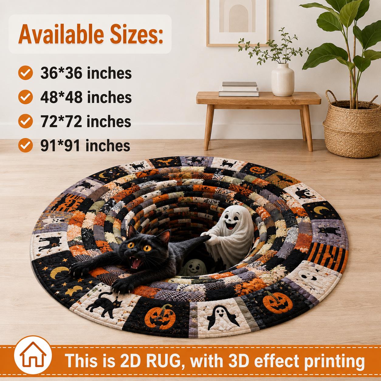 Halloween Round Rug with Black Cat Ghost 3D Illusion Quilted Spooky Hole Floor Mat and Funny Pumpkin Home Decor - photo 3