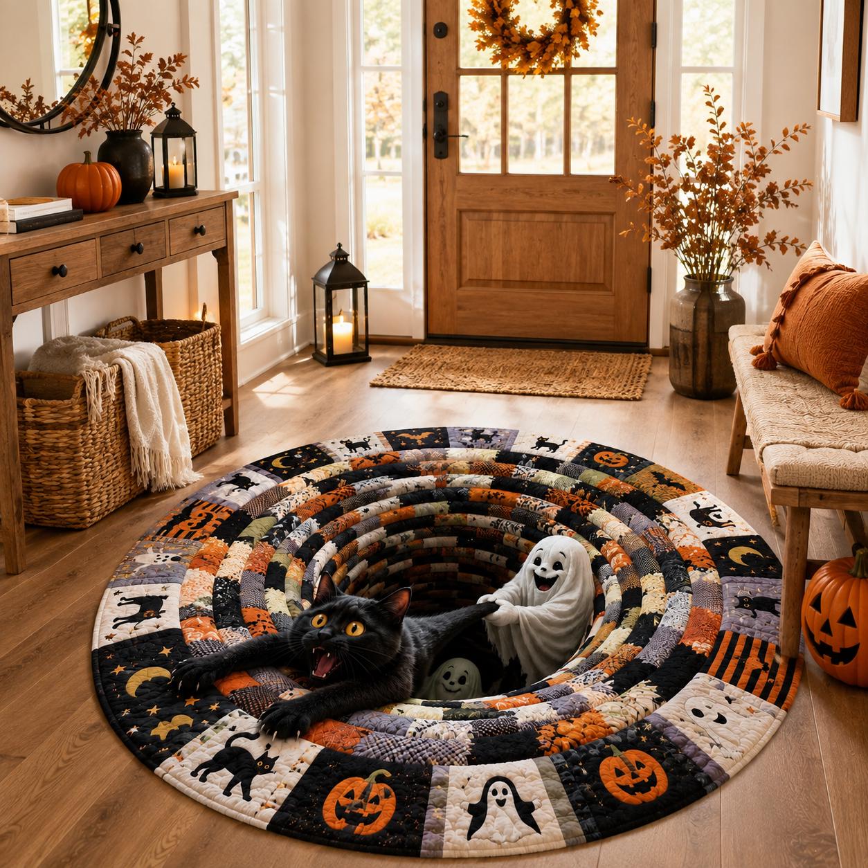Halloween Round Rug with Black Cat Ghost 3D Illusion Quilted Spooky Hole Floor Mat and Funny Pumpkin Home Decor - photo 4