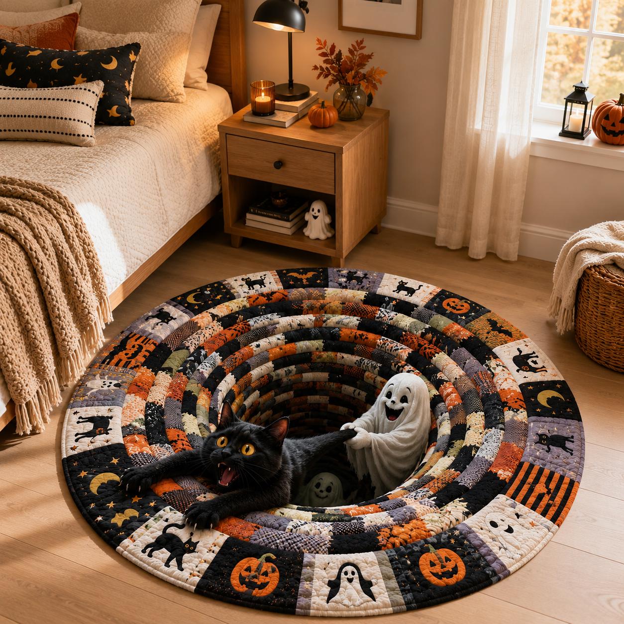 Halloween Round Rug with Black Cat Ghost 3D Illusion Quilted Spooky Hole Floor Mat and Funny Pumpkin Home Decor - photo 5