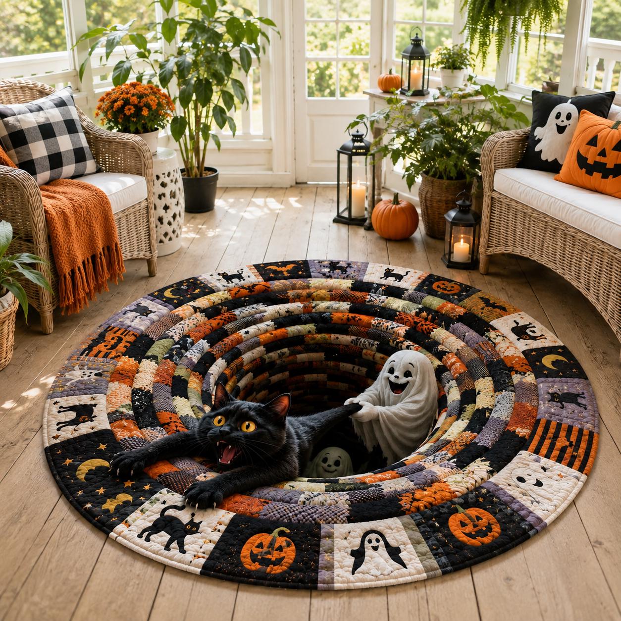 Halloween Round Rug with Black Cat Ghost 3D Illusion Quilted Spooky Hole Floor Mat and Funny Pumpkin Home Decor - photo 6