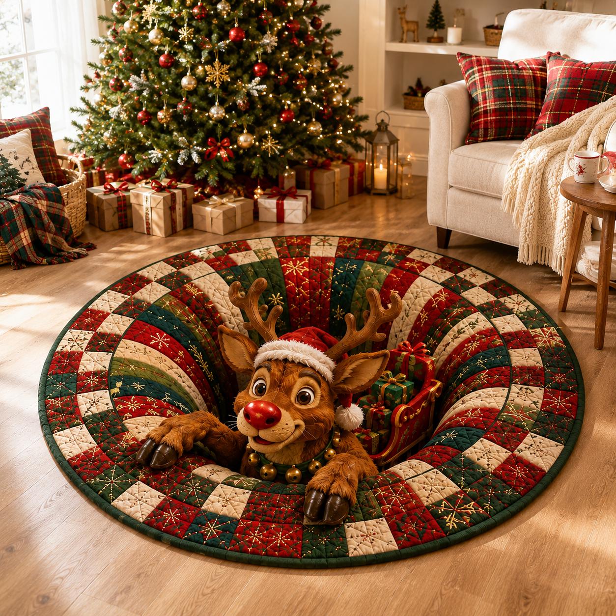Christmas Reindeer Round Rug – 3D Illusion Rudolph Quilted Floor Mat and Santa Sleigh Holiday Decor for Funny Christmas Home Rug