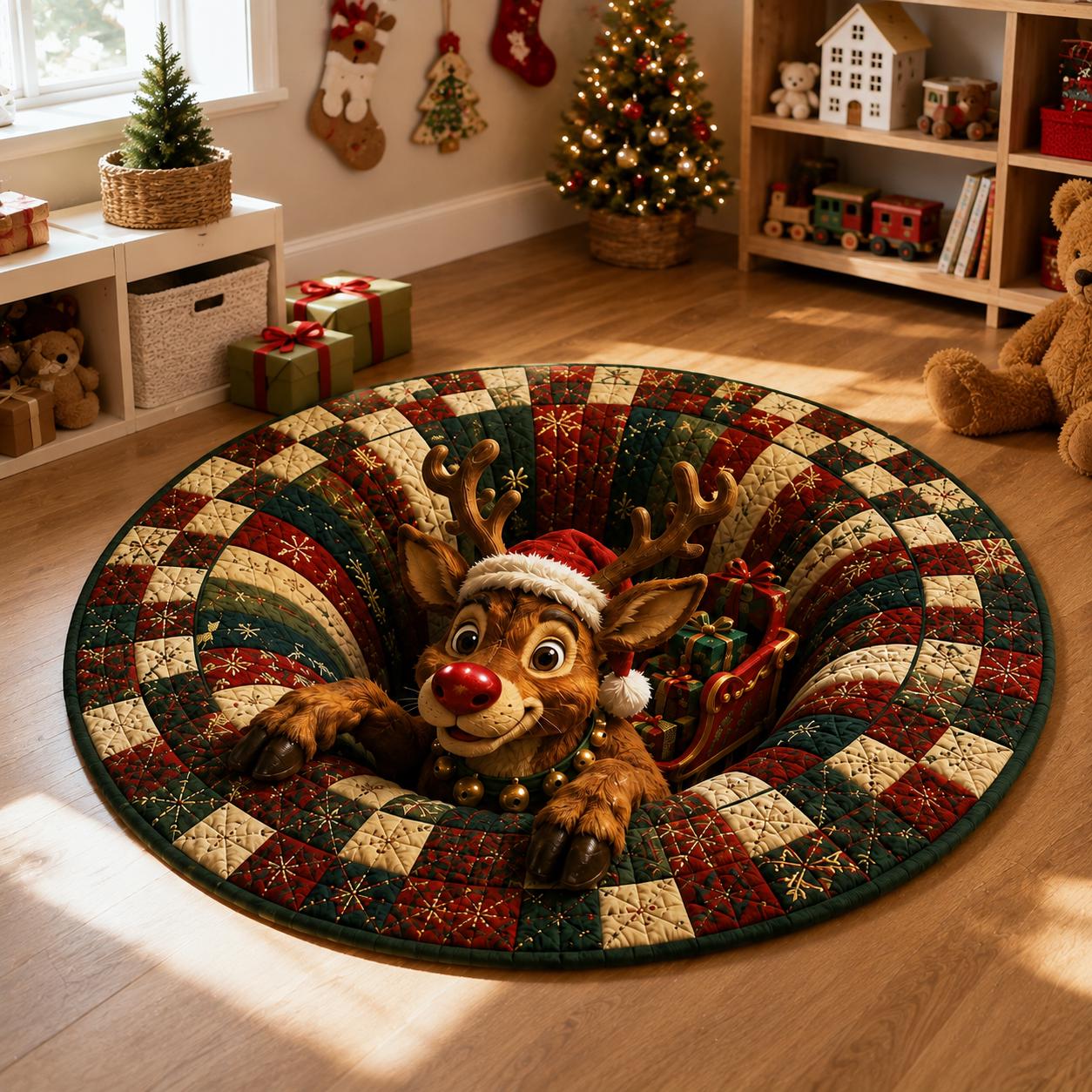 Christmas Reindeer Round Rug – 3D Illusion Rudolph Quilted Floor Mat and Santa Sleigh Holiday Decor for Funny Christmas Home Rug - photo 2