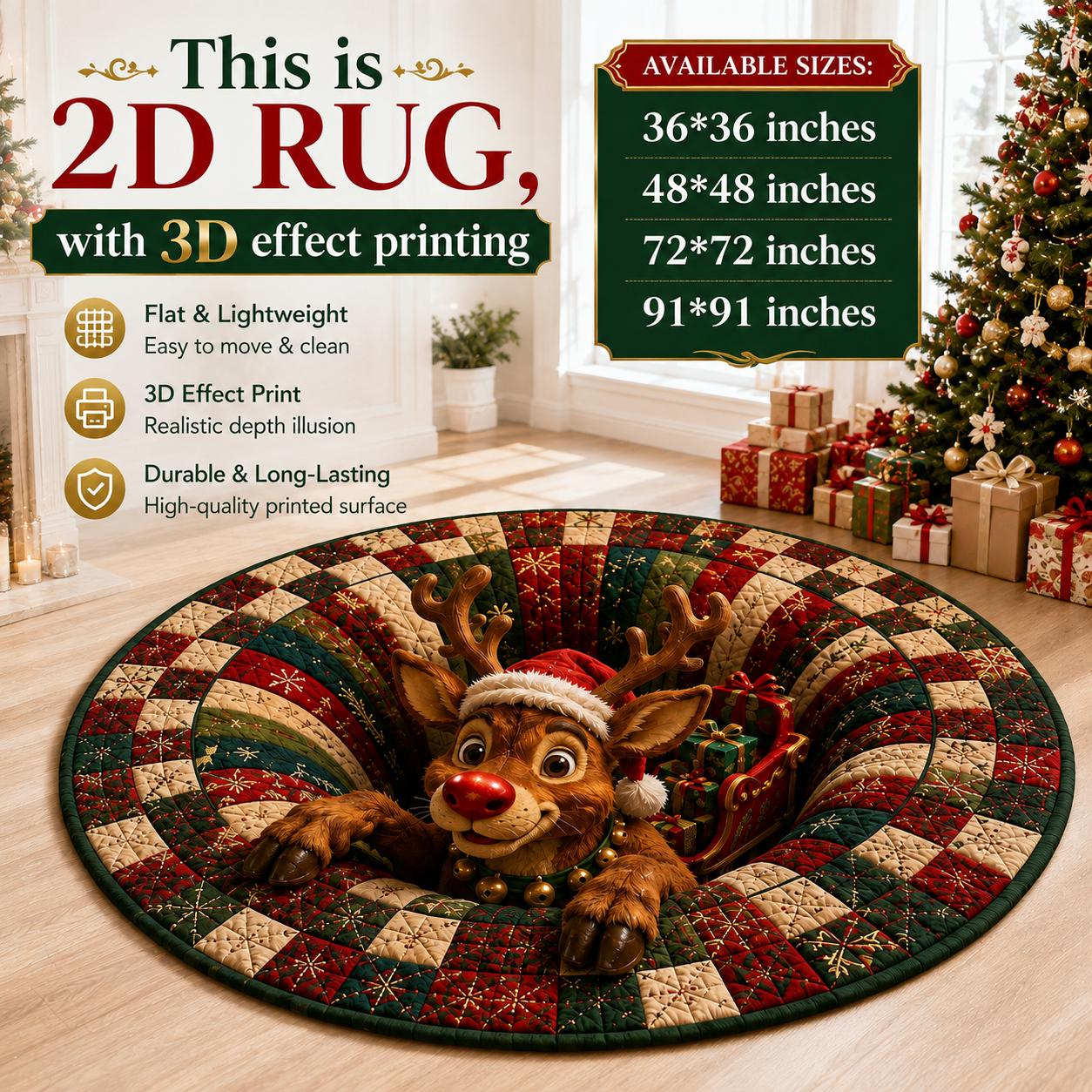 Christmas Reindeer Round Rug – 3D Illusion Rudolph Quilted Floor Mat and Santa Sleigh Holiday Decor for Funny Christmas Home Rug - photo 3