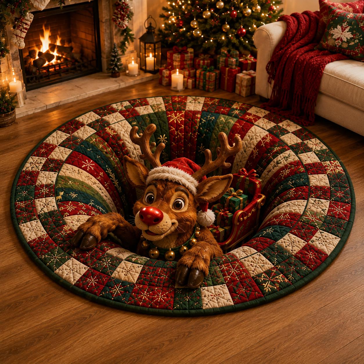 Christmas Reindeer Round Rug – 3D Illusion Rudolph Quilted Floor Mat and Santa Sleigh Holiday Decor for Funny Christmas Home Rug - photo 4