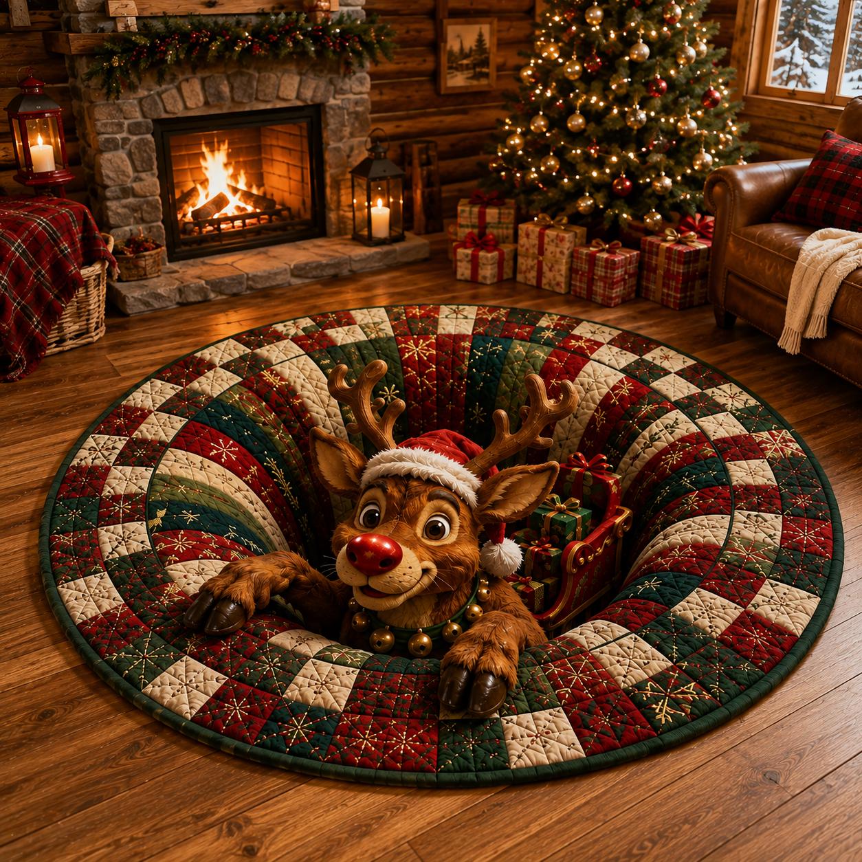 Christmas Reindeer Round Rug – 3D Illusion Rudolph Quilted Floor Mat and Santa Sleigh Holiday Decor for Funny Christmas Home Rug - photo 5