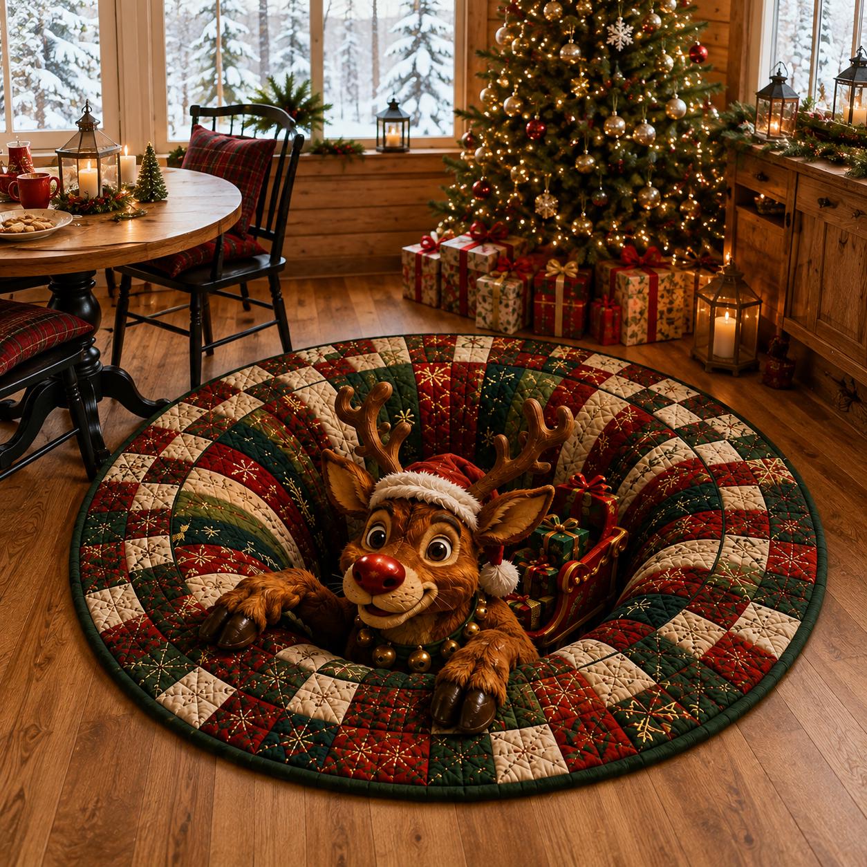 Christmas Reindeer Round Rug – 3D Illusion Rudolph Quilted Floor Mat and Santa Sleigh Holiday Decor for Funny Christmas Home Rug - photo 6