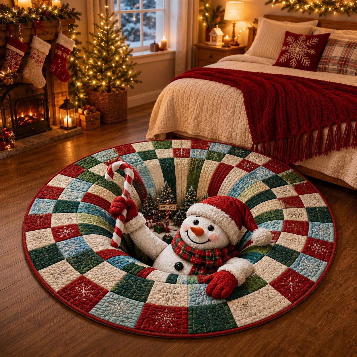 Snowman Christmas Round Rug with 3D Illusion Quilted Floor Mat and Candy Cane North Pole Winter Holiday Home Decor