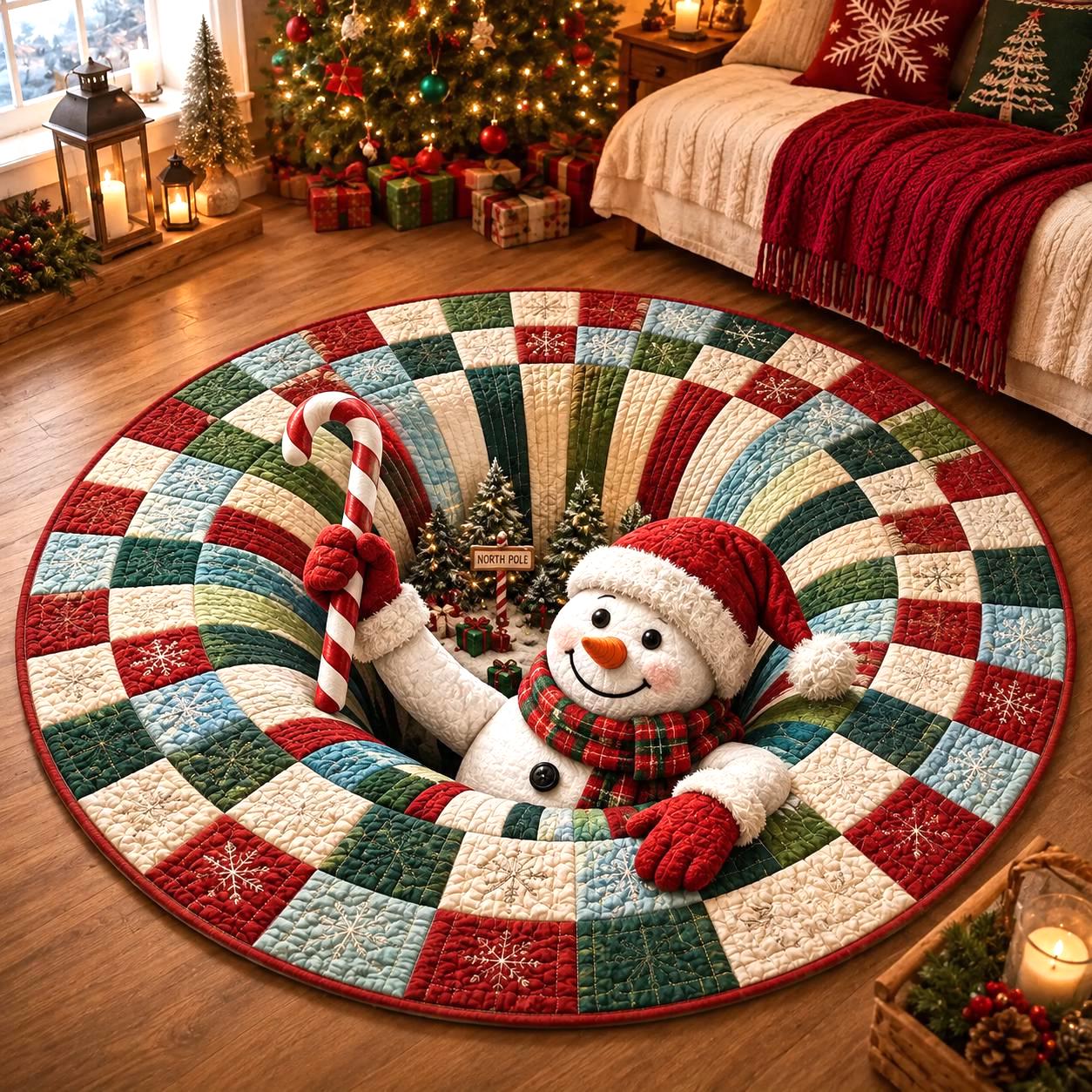 Snowman Christmas Round Rug with 3D Illusion Quilted Floor Mat and Candy Cane North Pole Winter Holiday Home Decor - photo 2